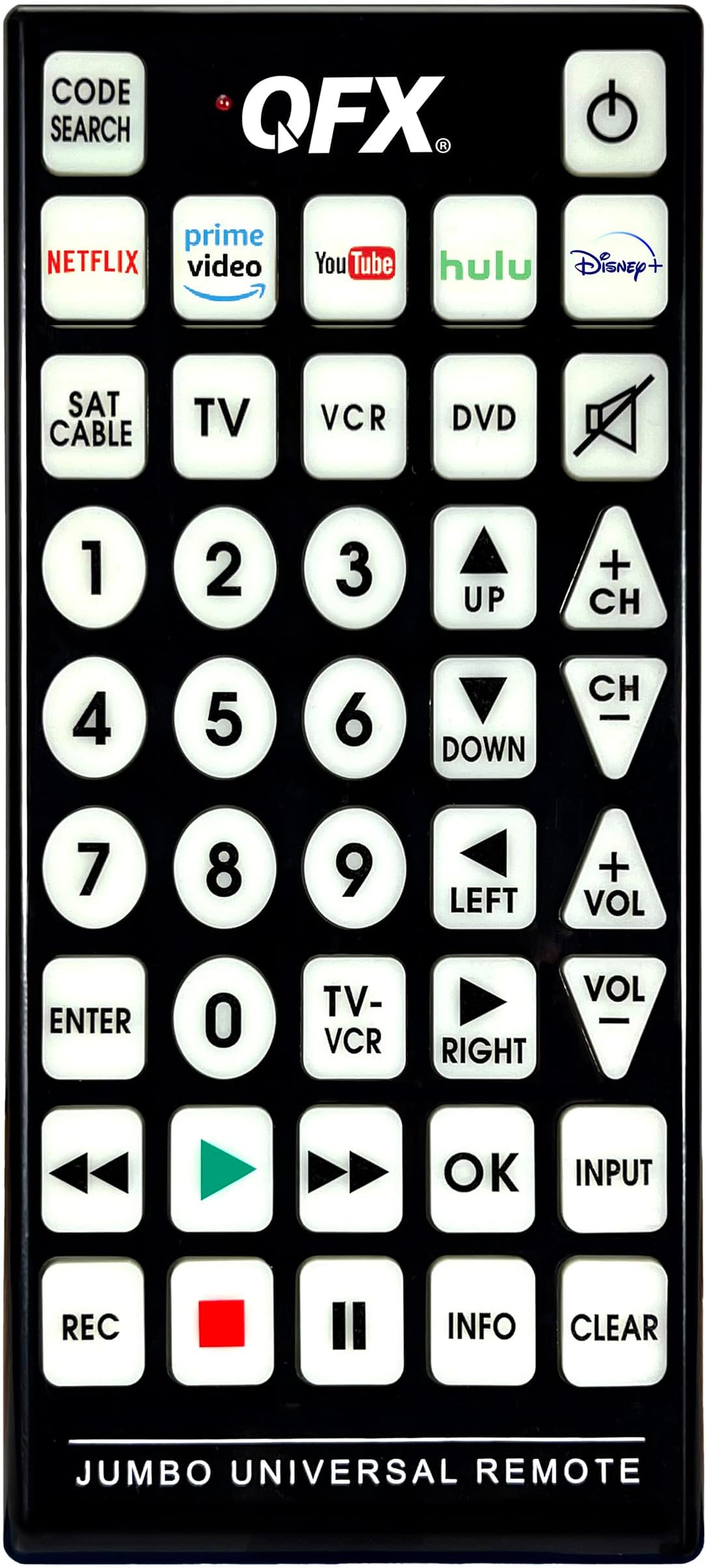 QFX REM-115 8 in 1 Large Jumbo Universal Remote Control for RCA, Sony, Philips, Samsung, GE, Zenith, Panasonic, Sharp, Toshiba, Daewoo, Hitachi, Sanyo, LG, JVC, Mitsubishi, Emerson, Magnavox