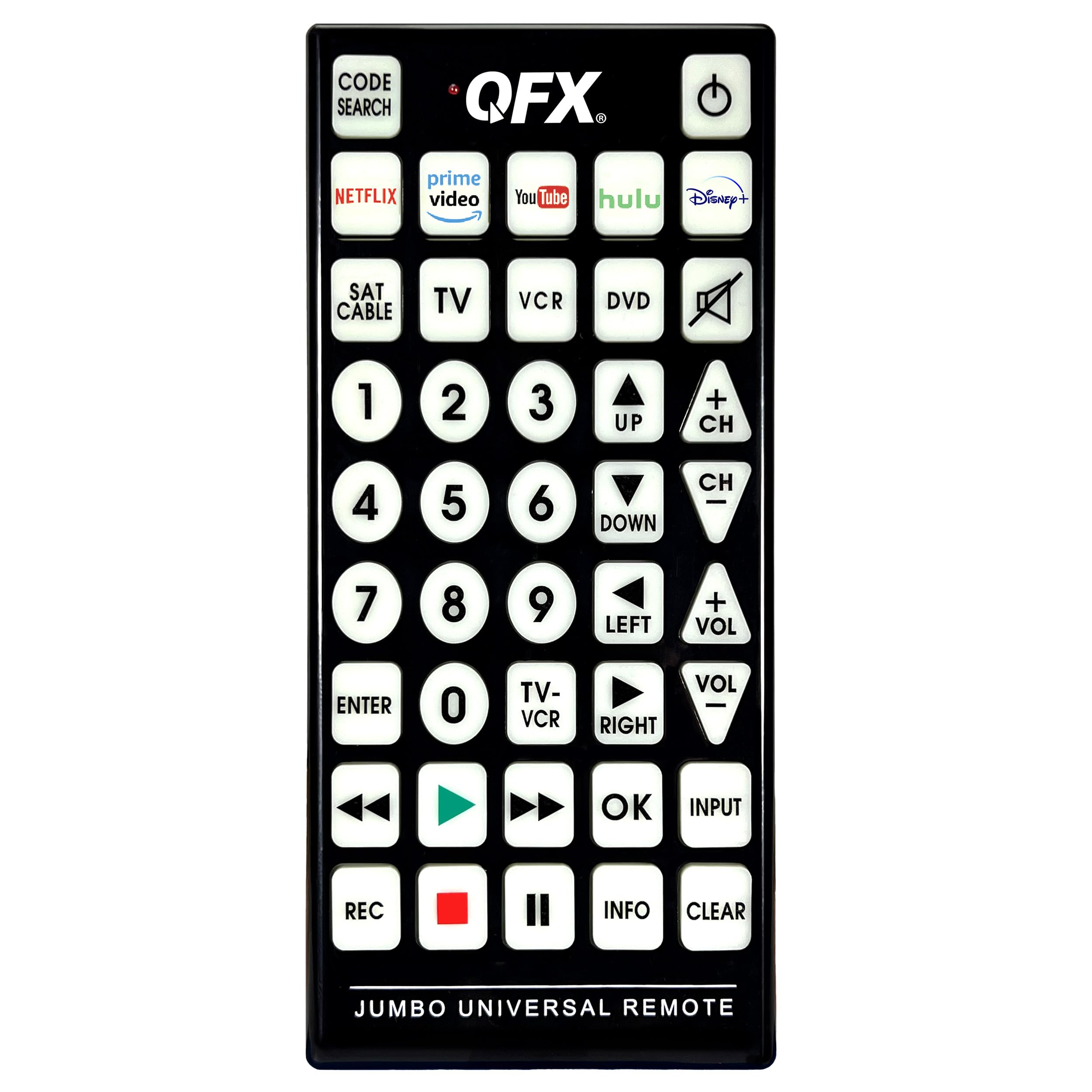 QFXREM-115 8 in 1 Large Jumbo Universal Remote Control for RCA, Sony, Philips, Samsung, GE, Zenith, Panasonic, Sharp, Toshiba, Daewoo, Hitachi, Sanyo, LG, JVC, Mitsubishi, Emerson, Magnavox