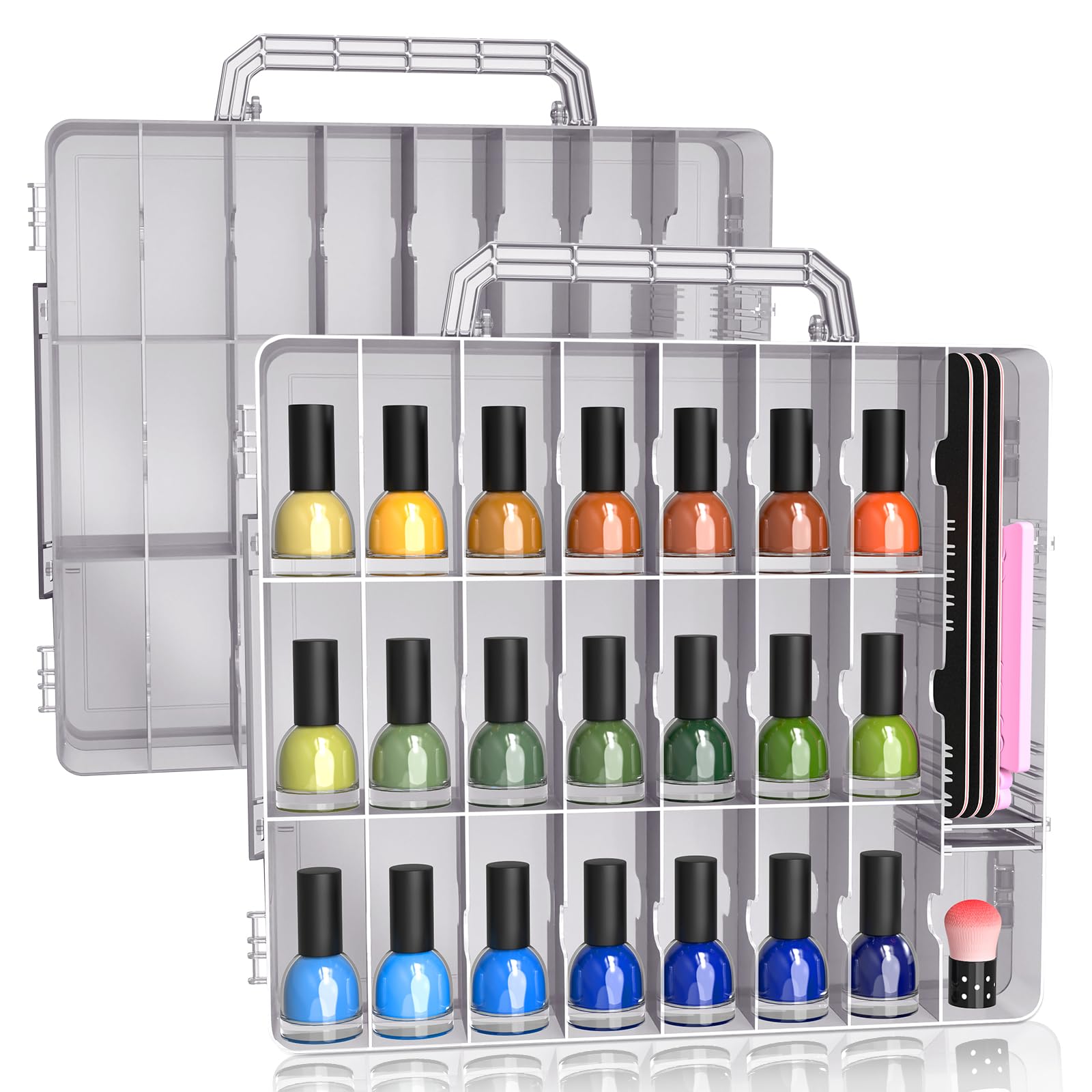 SUBAY 2 Pcs Portable Nail Polish Organizer, Clear Double Side Nail Polish Holder,Gel Nail Storage for 48 Bottles with 6 Adjustable Dividers in Each
