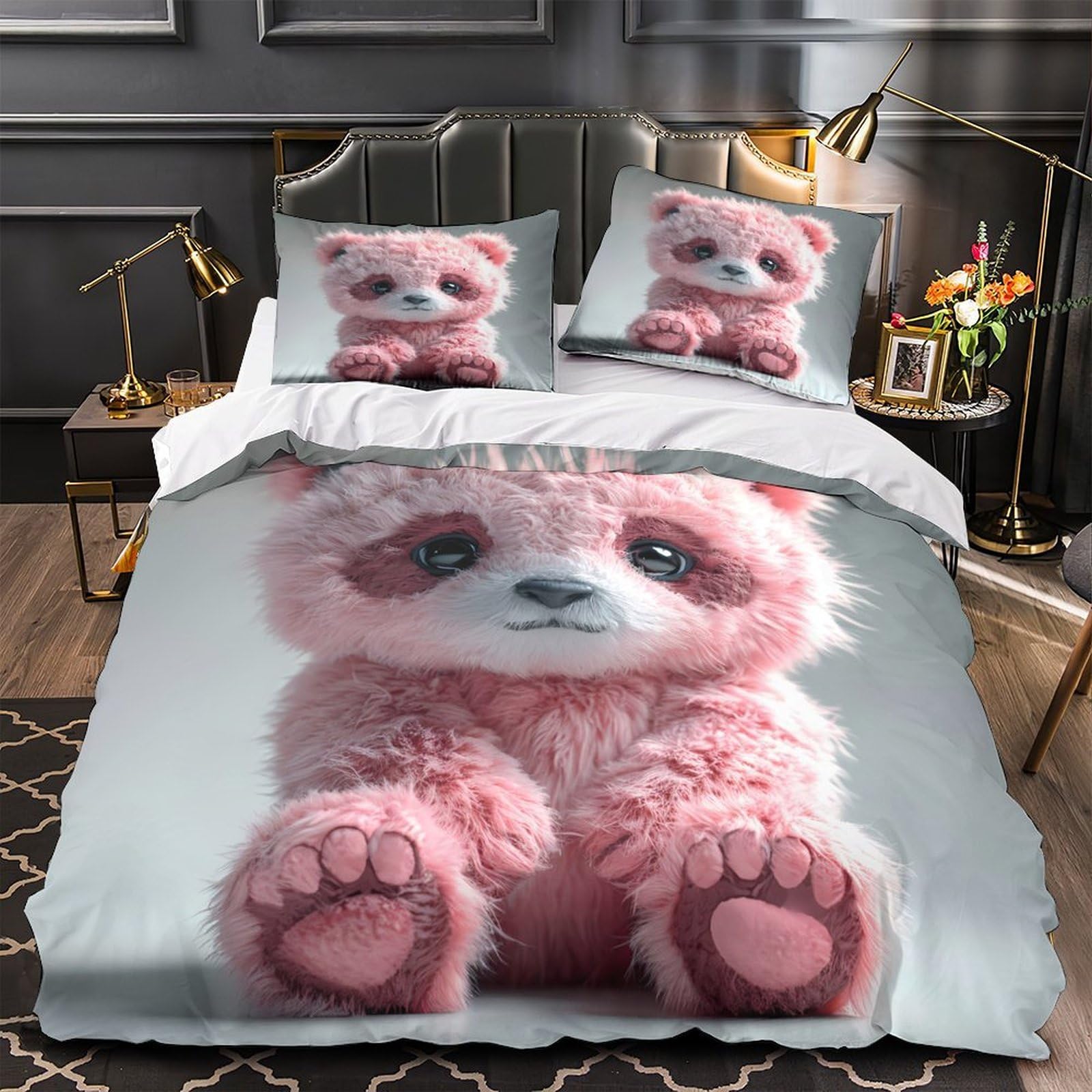 Housse de couette parure de lit motif cœur rose 260x220 légère et hypoallergique