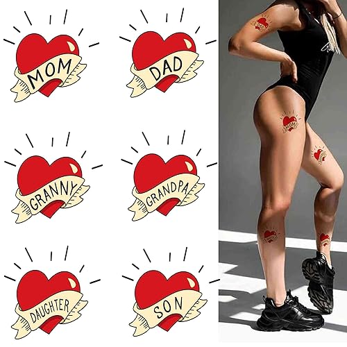 Tattoonova 6 hojas de tatuajes temporales para adultos, recuerdos de fiesta de corazón para mamá, tatuajes falsos para mamá
