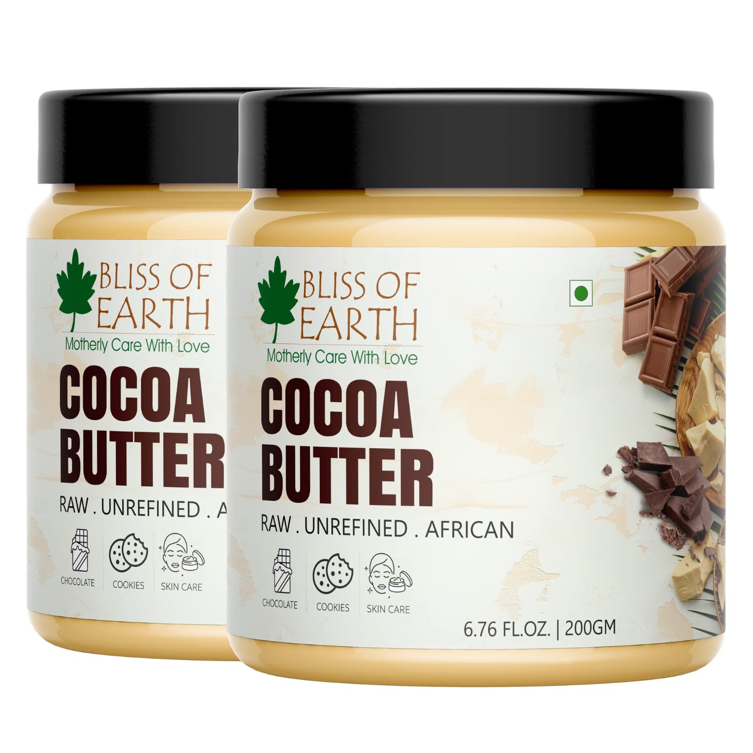 BLISS OF EARTH 100% Pure Organic Cocoa Butter Raw Unrefined African 200Gm Pack Of 2