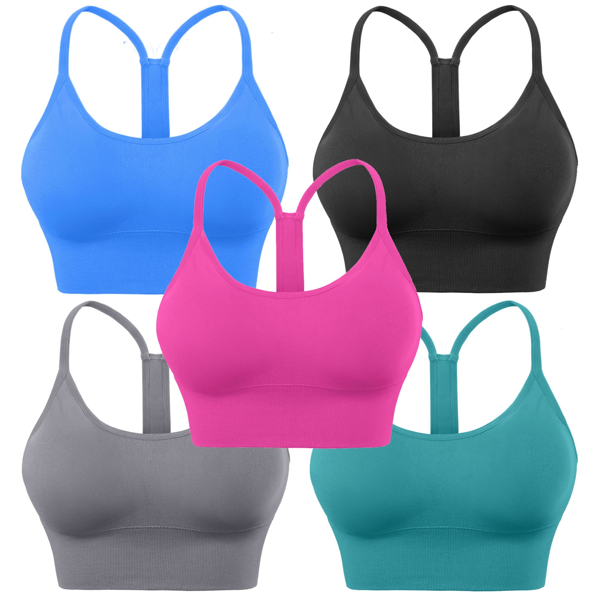 Evercute Damski biustonosz sportowy Sin Costuras, nieprzezroczysty, Czarny szary niebieski gorący różowy paw niebieski 5-pak, XL