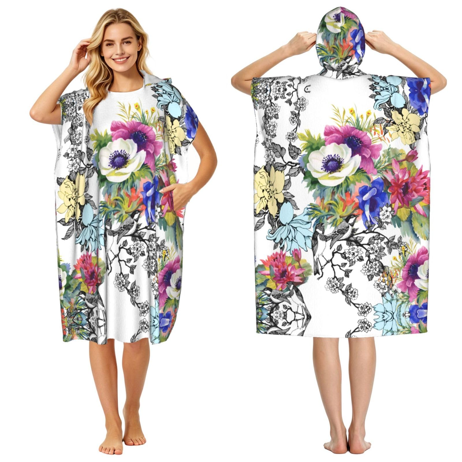 EZDLOWVBA Flowers Birds Leaves Branches Print Hooded Poncho Microfiber Beach Towel,Adult Women & Men Changing Robe,Lightweight Summer Surf Swim Bath Poncho Towel
