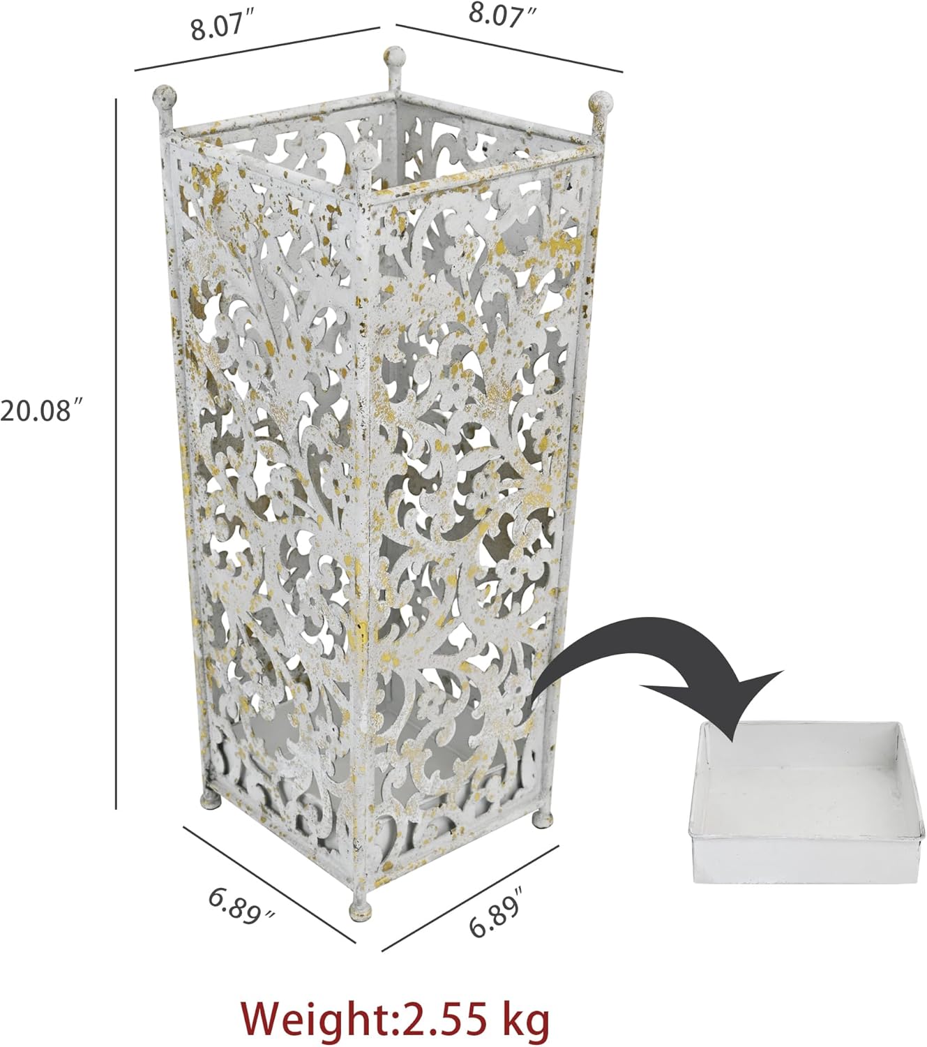 Vintage Metal Distressed White Umbrella Holder 20"H Square Umbrella Stands with Removable Drip Tray Entryway Organizer Bucket for Foyer/Porch - Holds Multiple Umbrellas, Walking Sticks & Canes