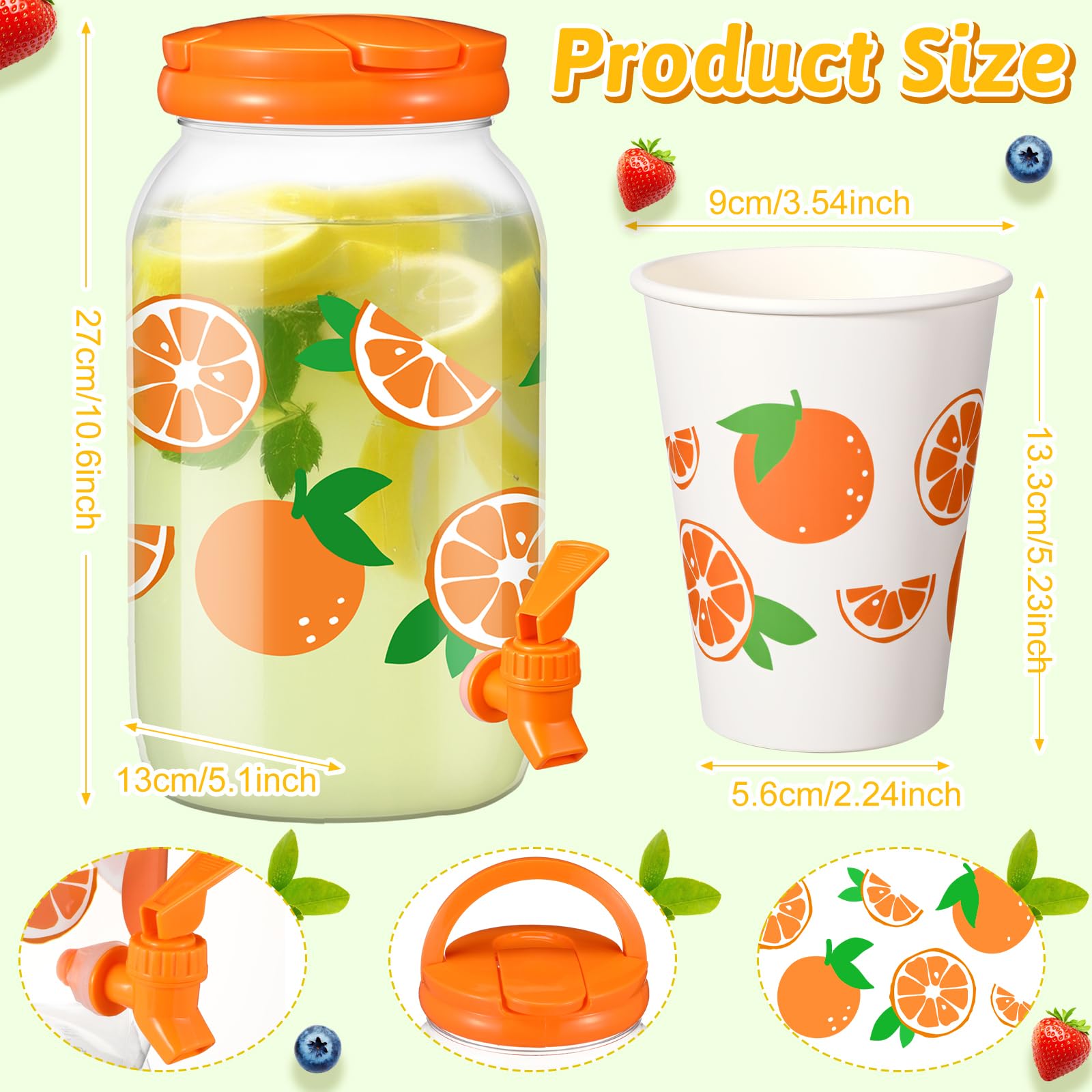 Umigy Tree Clear Plastic Drink Dispenser with 20 Pcs 12 oz Tropical Paper Cups 1 Gallon Kitchen Fridge Beverage Dispenser Plastic Water Dispenser with Spigot for Juice Tea Beer(Orange)