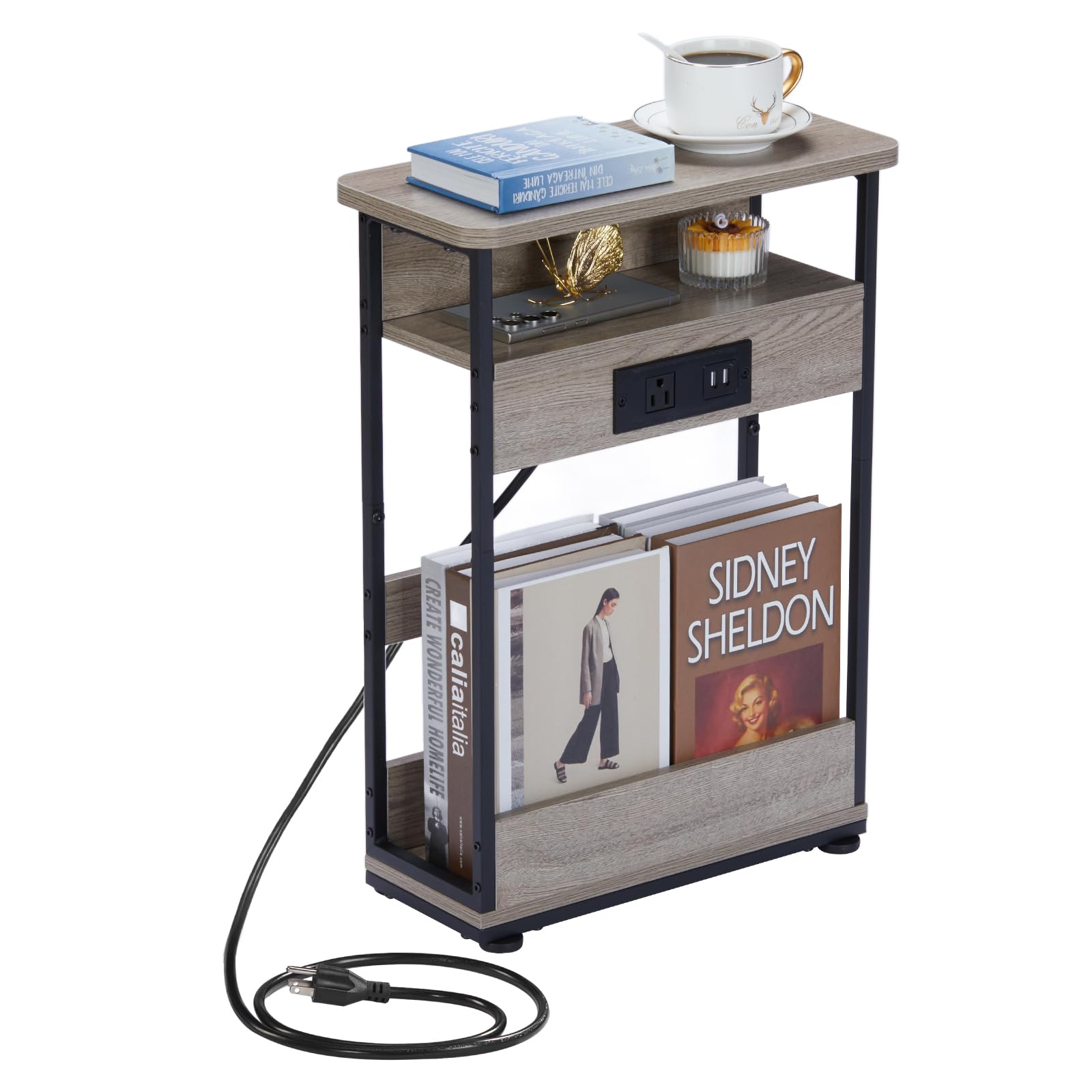 Narrow Side Table with Charging Station, 3-Tier End Table with 2 USB Ports & Power Outlets,Thin Sofa Side Table for Narrow and Small Spaces, Bedside Table Nightstand for Living Room,Oak