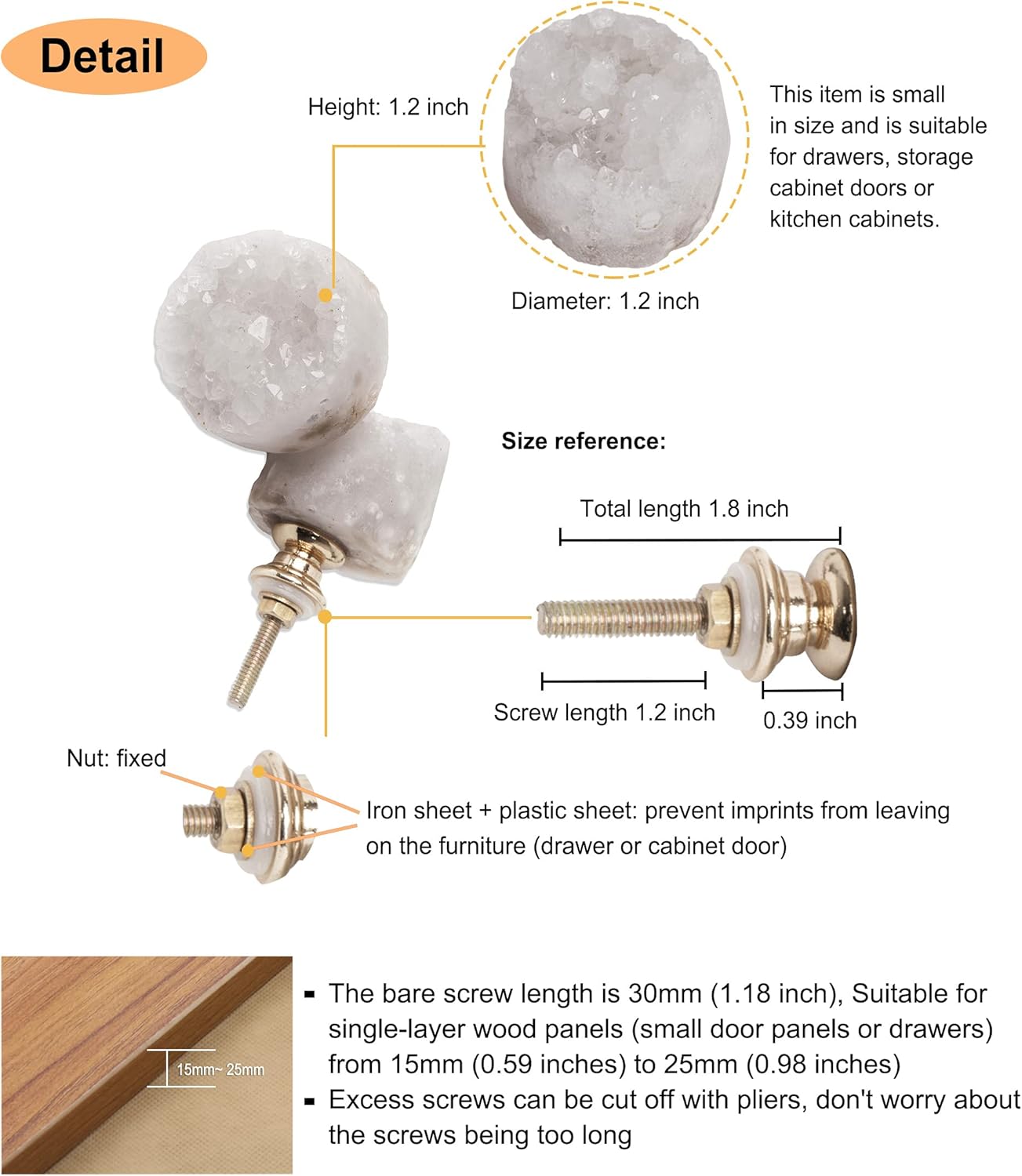 AMOYSTONE Stone Knobs Set of 4 Kitchen Cabinet Knobs White Crystal Geode Stone Dresser Knobs Drawer Hardware Knob for Bedroom Living Room, 30mm Screw