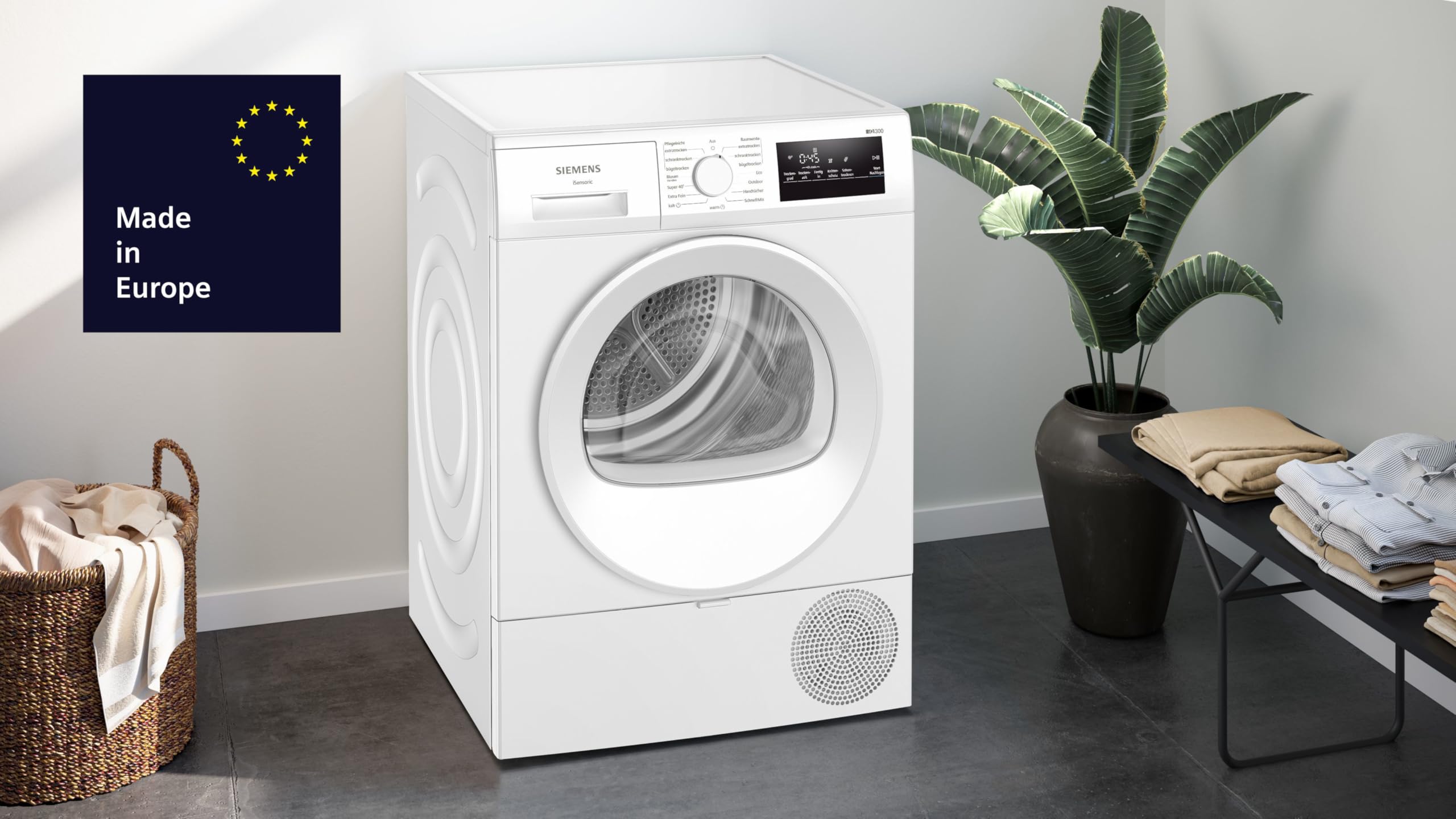 Siemens WT45HVA4, iQ300, Wärmepumpen-Trockner, 8 kg, autoDry, super40-Programm, 63 dB, Touch LED-Display, softDry, Outdoor-Programm, easyClean-Filter, Kindersicherung, Weiß