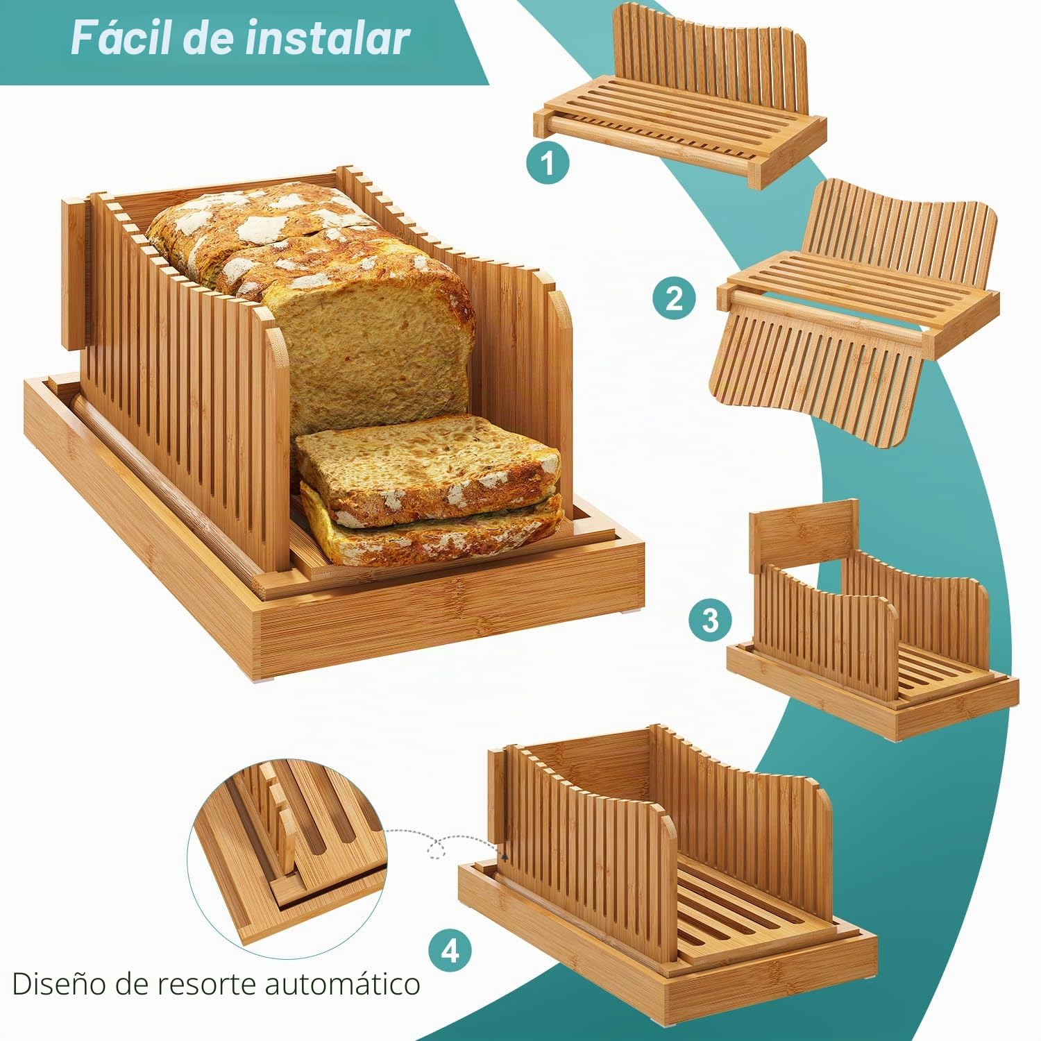 Cortador de pan, guía de pan casero de madera de bambú, grosor de 3 rebanadas, guía de corte compacta plegable con bandeja para migas