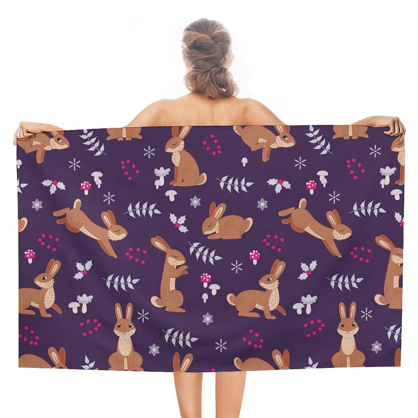 Lsjuee Rabbits and Leaves Beach Towel Oversized Absorbent Superfine Fiber Beach Towel Microfiber Heavy for Hawaii Camping Other Water Activities SPA Swimming Gym Fitness Cruise 32INx52IN