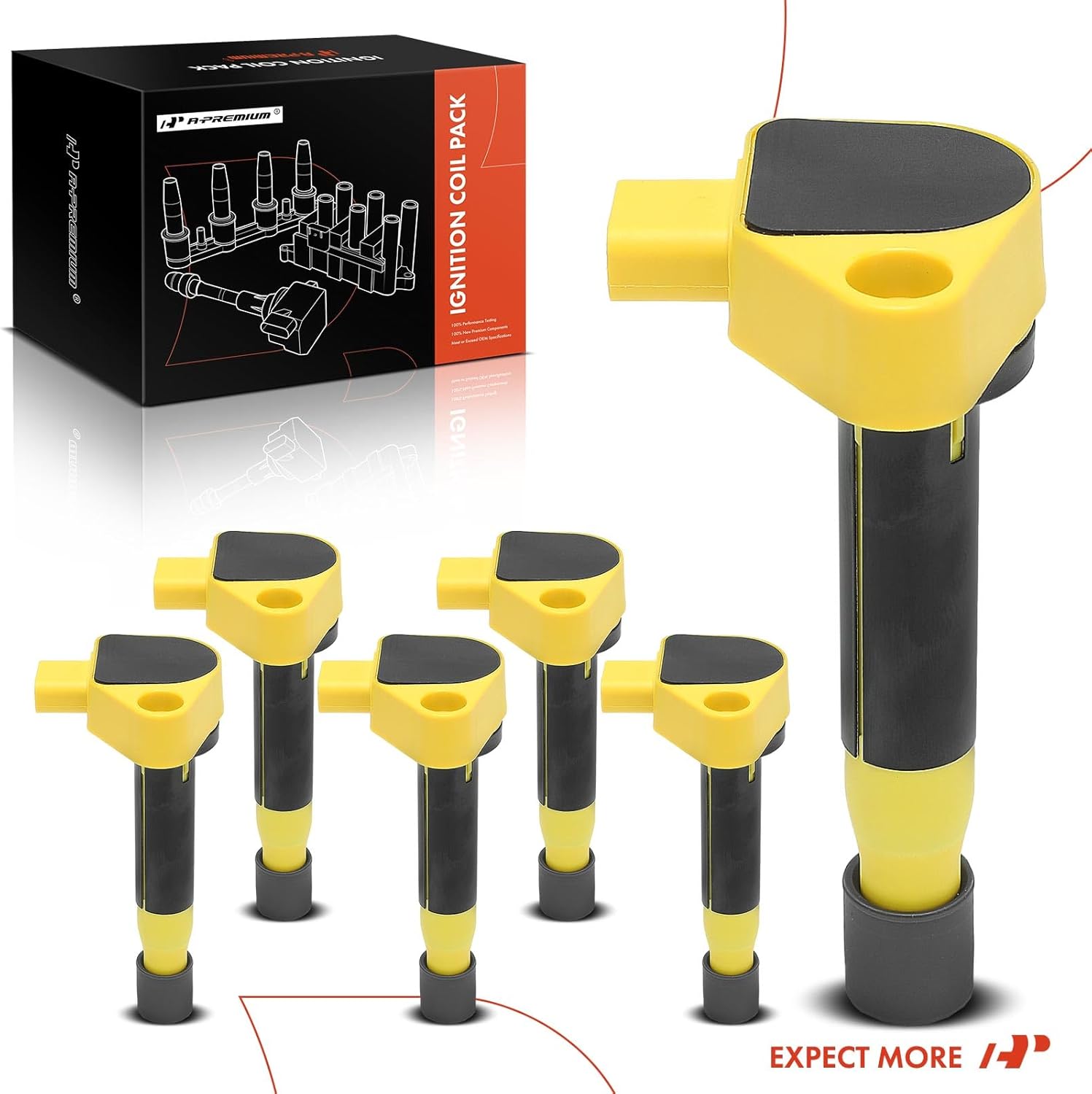 A-Premium Engine Ignition Coil Pack Compatible with Honda Accord 2000-2003, Odyssey 1999-2010 & Acura TL 1999-2008, RL 2005-2008, CL 2001-2003, 3.0L 3.2L 3.5L, Replace# 30520RCAA01, Set of 6, Yellow