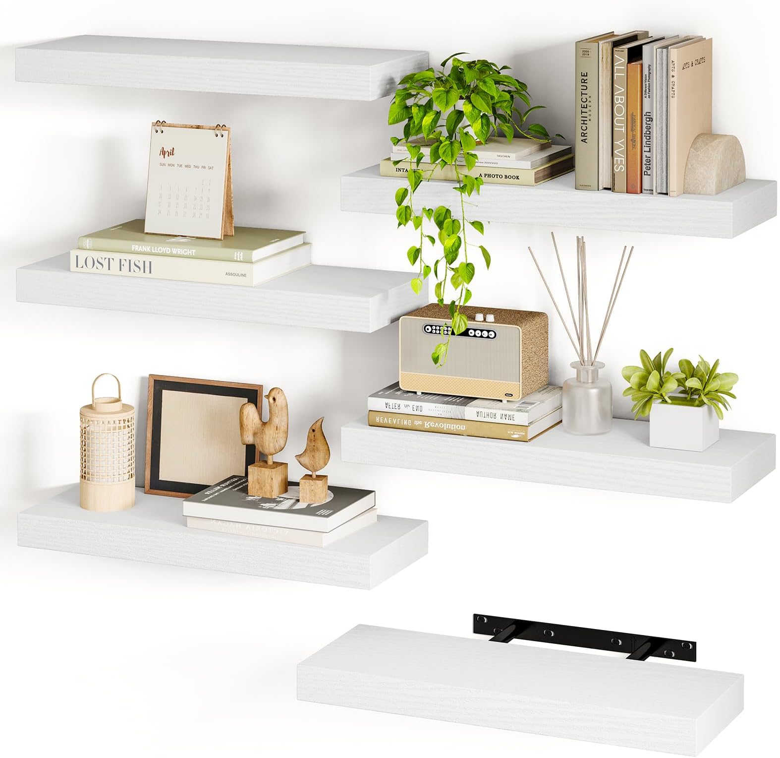 Fixwal White Shelves, 15.8in Floating Shelves, Farmhouse Shelf Wall Decor for Bathroom, Bedroom, Living and Kitchen Set of 6