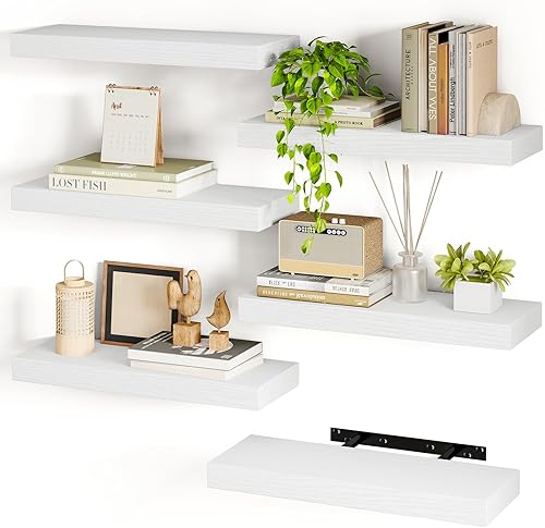 Fixwal - Juego de 6 estantes flotantes de 15.8 pulgadas en blanco, estantes de madera, estantes de estilo granja para decoración de pared en baño,