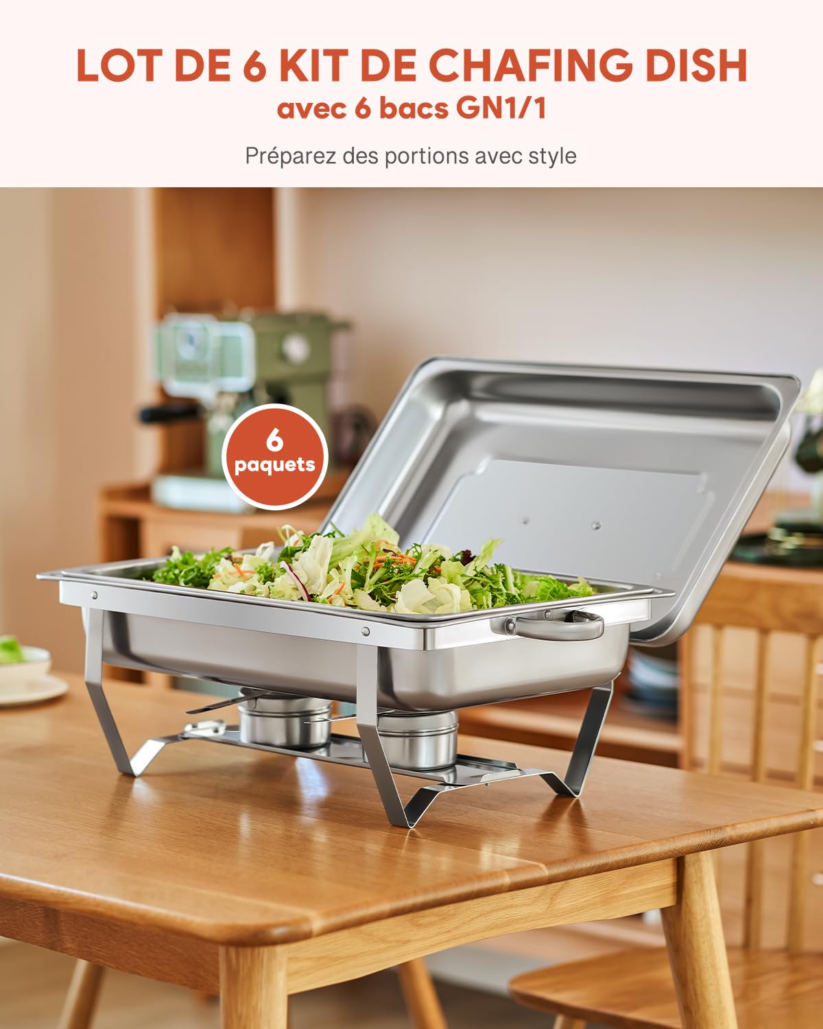 Wilprep Lot de 6 Chafing Dish 9L INOX Buffet Chauffant Chauffe-Plat en Acier Inoxydable Rectangulaire pour Buffet Restaurant Pique Nique (Lot de 6-1×GN1/1)