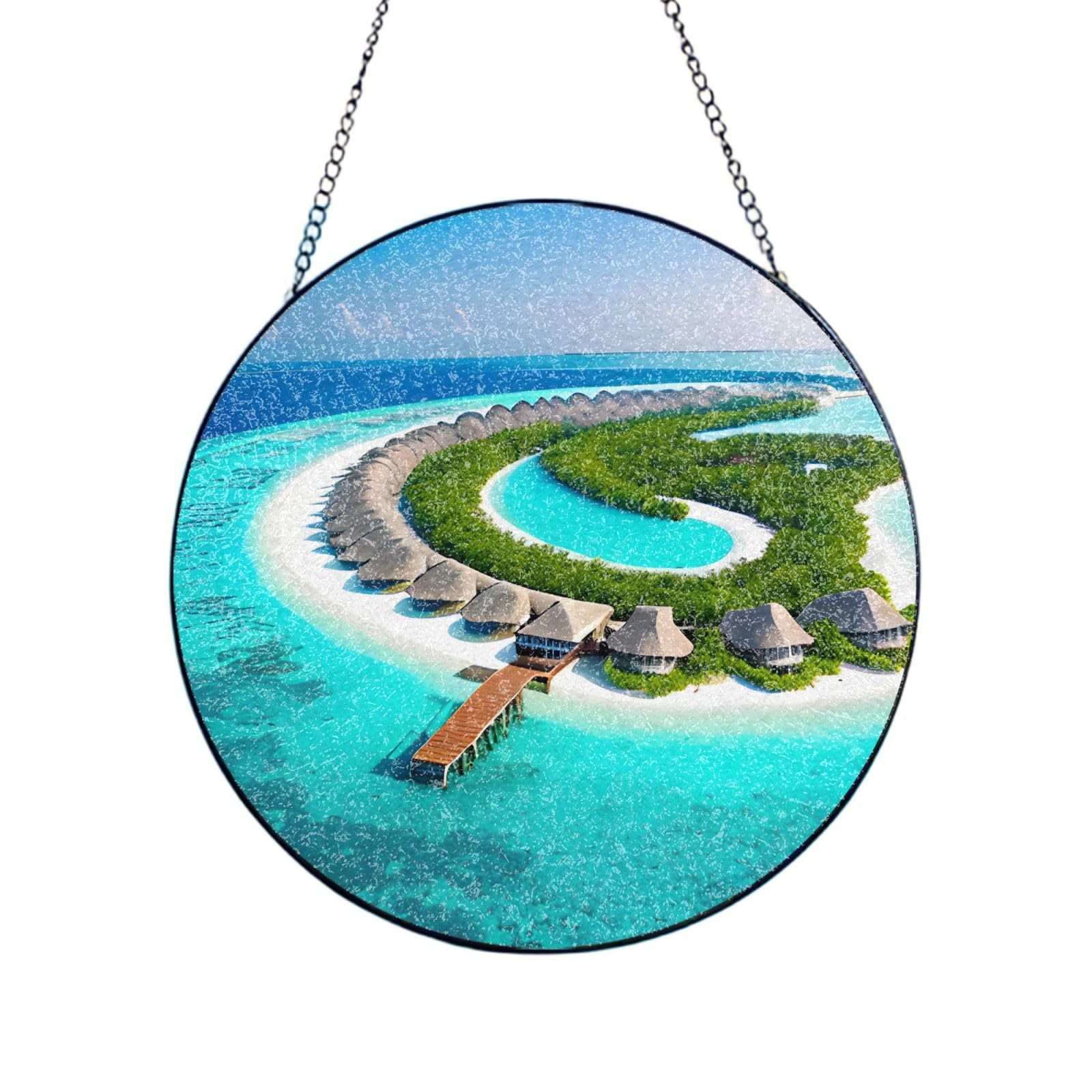 Phayah Maldives Scenery Print Glass Window Hanging Round Suncatcher Glass Ornament Garden Wall Fence Decorations Indoor Outdoor 4in（10cm）