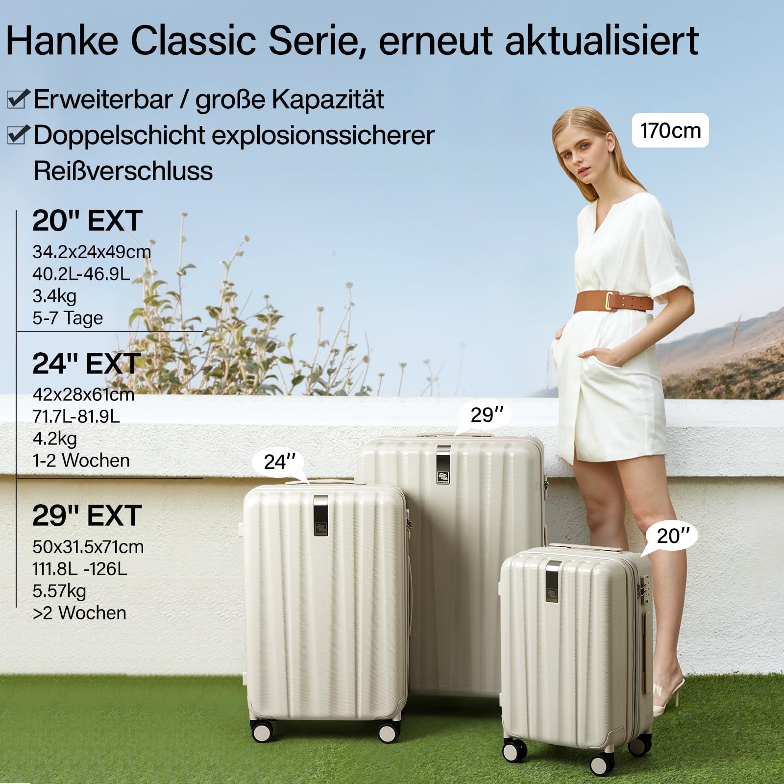 Hanke Handgepäck Koffer PC Hartschalenkoffer mit 360° Spinner Rädern Trolley Reisekoffer mit TSA-Lock 49cm (37L), Elfenbein