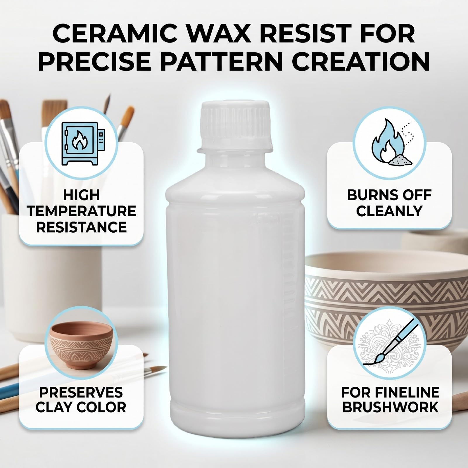 Karlak Cera de Cerámica Resistente, Cera de Esmalte Arcilla Resistente a Altas Temperaturas para Pintura y Patrones Cerámica, 250 Ml