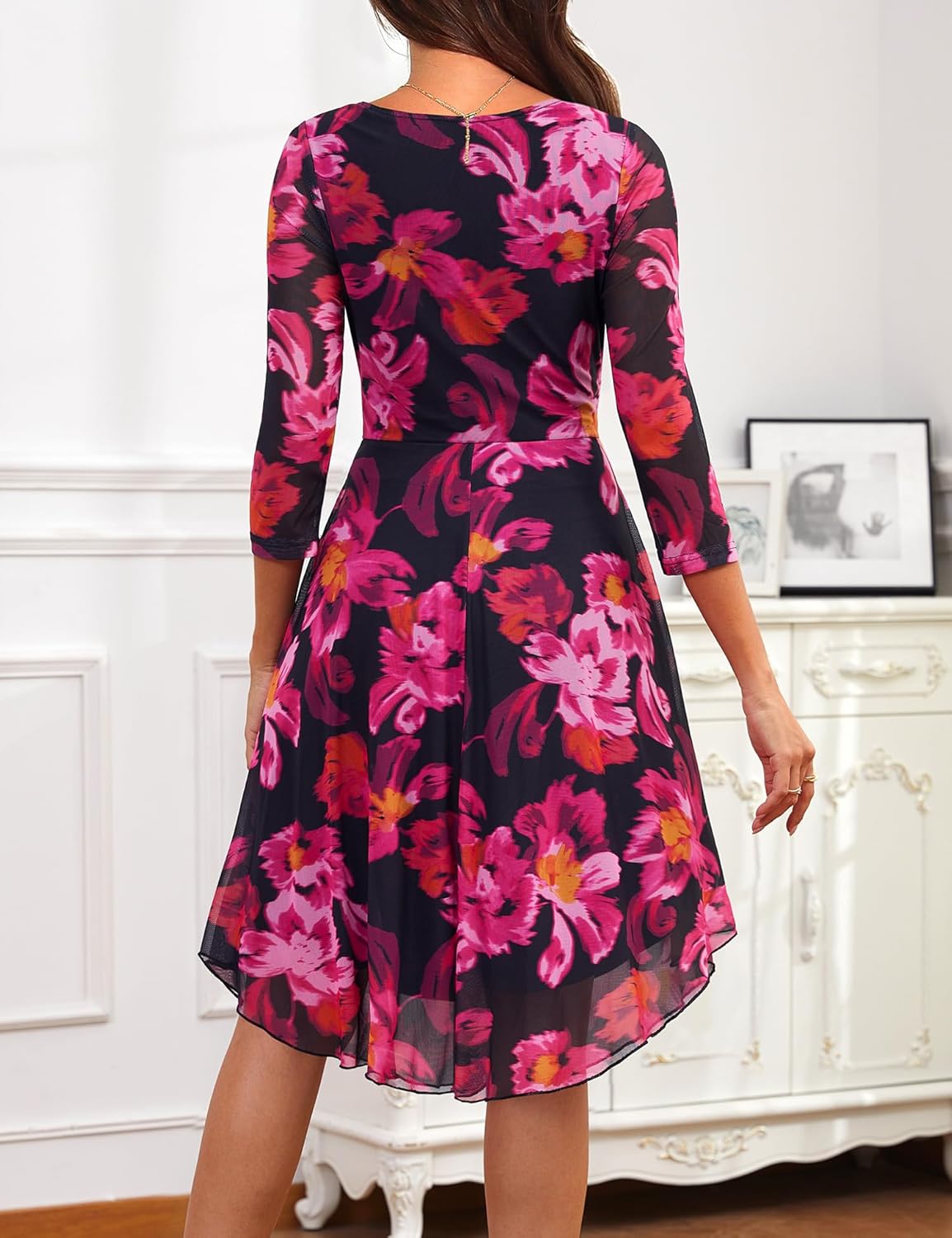 Zattcas Womens 3/4 Sleeve Floral Spring Midi Dress Clothes 2026 Crew Neck Flowy Mesh Cocktail Party Wedding Guest Dress - Image 3