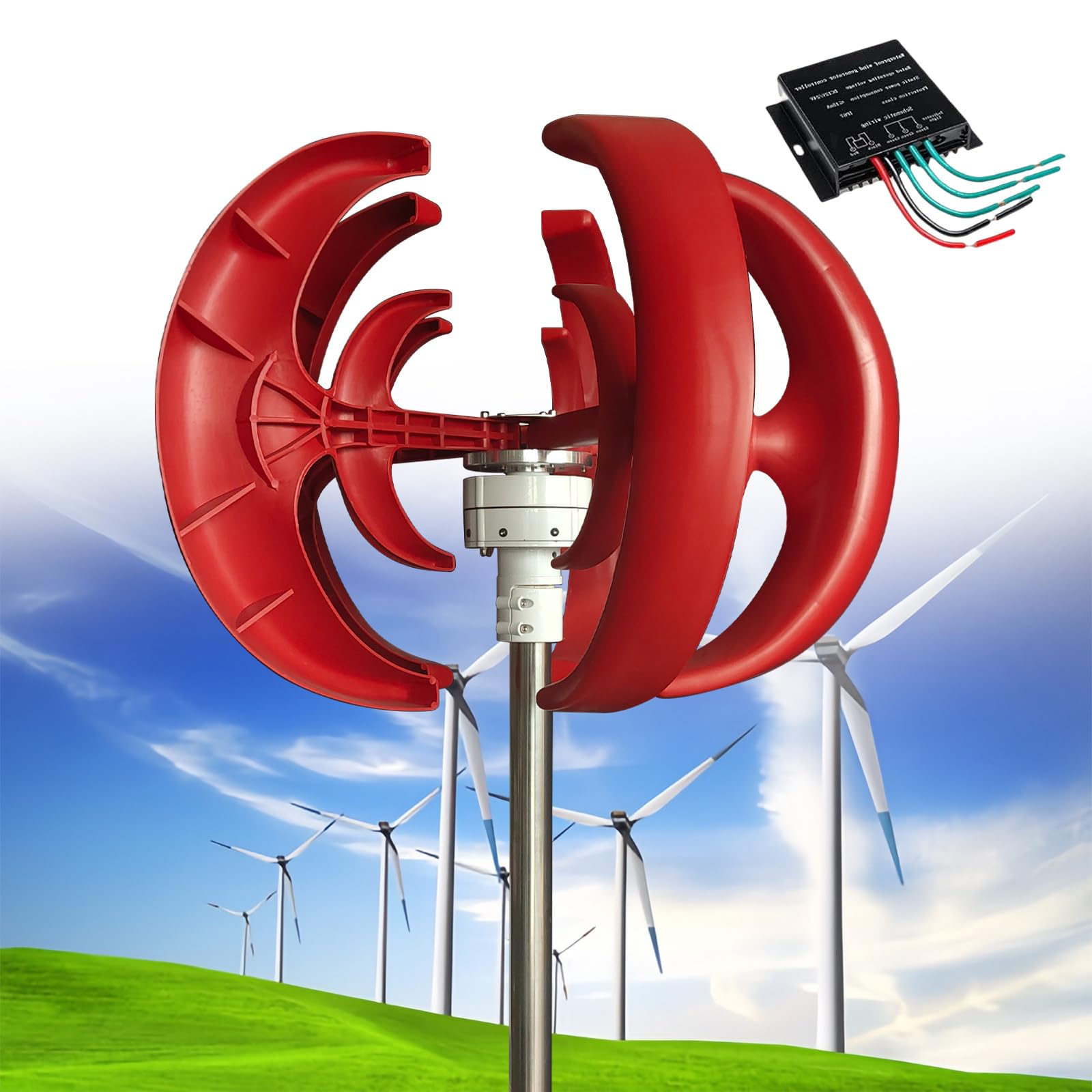12000W Wind Turbine Generator, 12V/24V/48V 5 Blades Vertical Wind Turbine Kit, 3 Phase AC Generator, Low Wind Speed Starting Wind Power Generator with Controller for Home, Boat, Camping,Red-12V