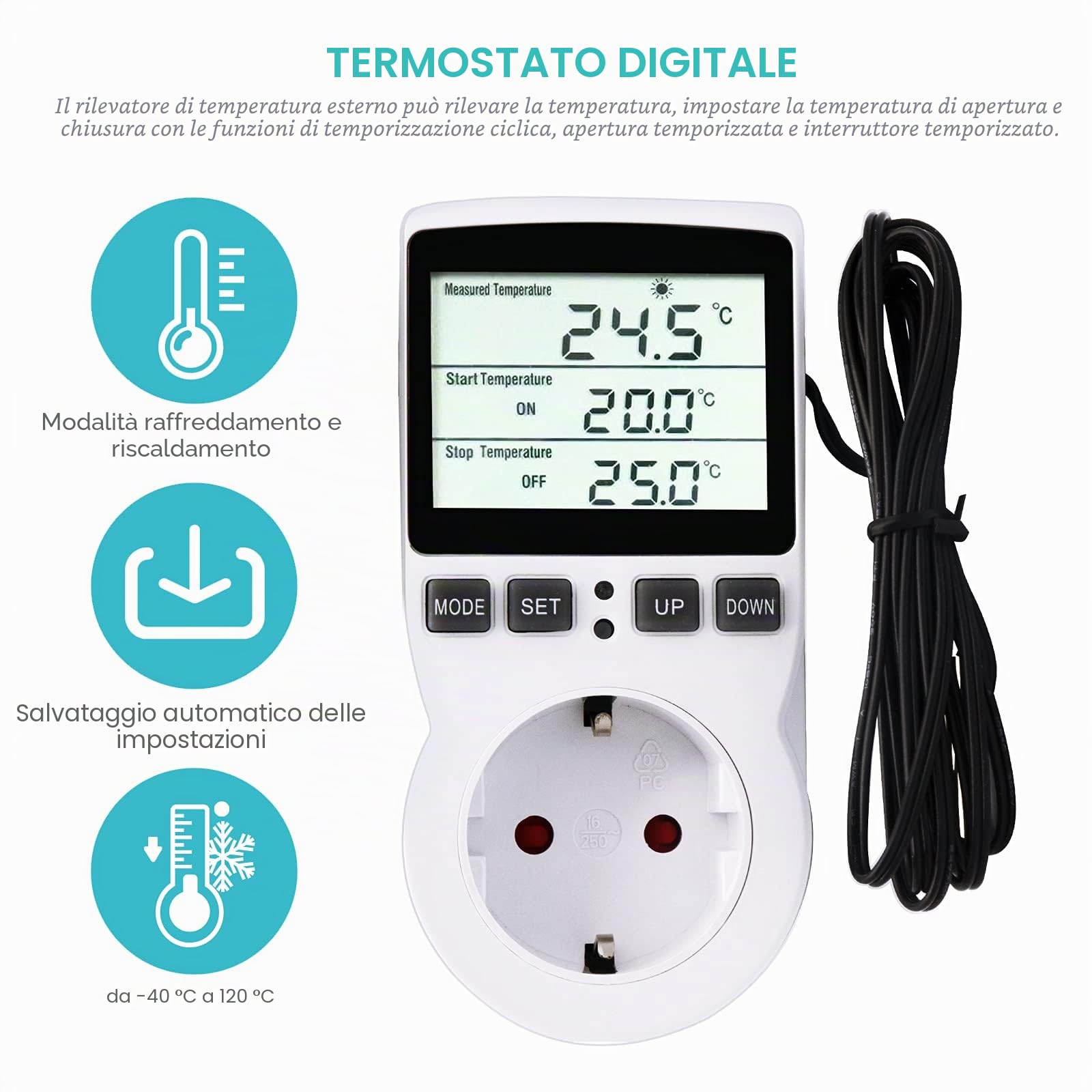 RUIZHI Digitale Termostato Regolatore Temperatura LCD Multifunzione con Timer e Sonda per Serra, Acquario, Riscaldamento, Terrario, Acquario, Rettili, Incubatore (EU)