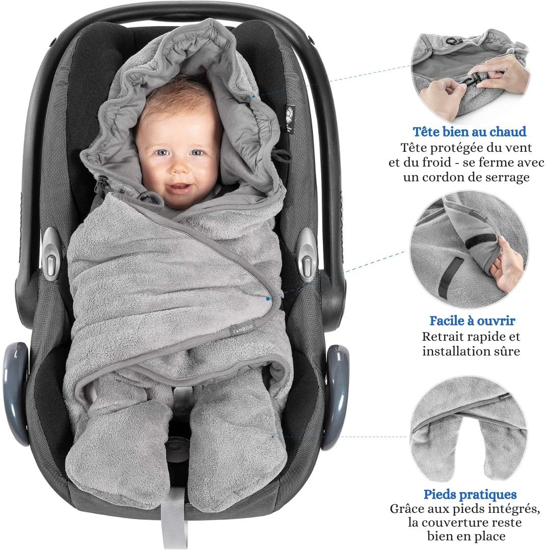 Zamboo Couverture Enveloppante Bébé Siège Auto avec Pieds - Nid d'ange Bebe Léger pour Cosy (par ex. Bébé Confort, Cybex, Römer) et Landau, Sac Inclus - Gris