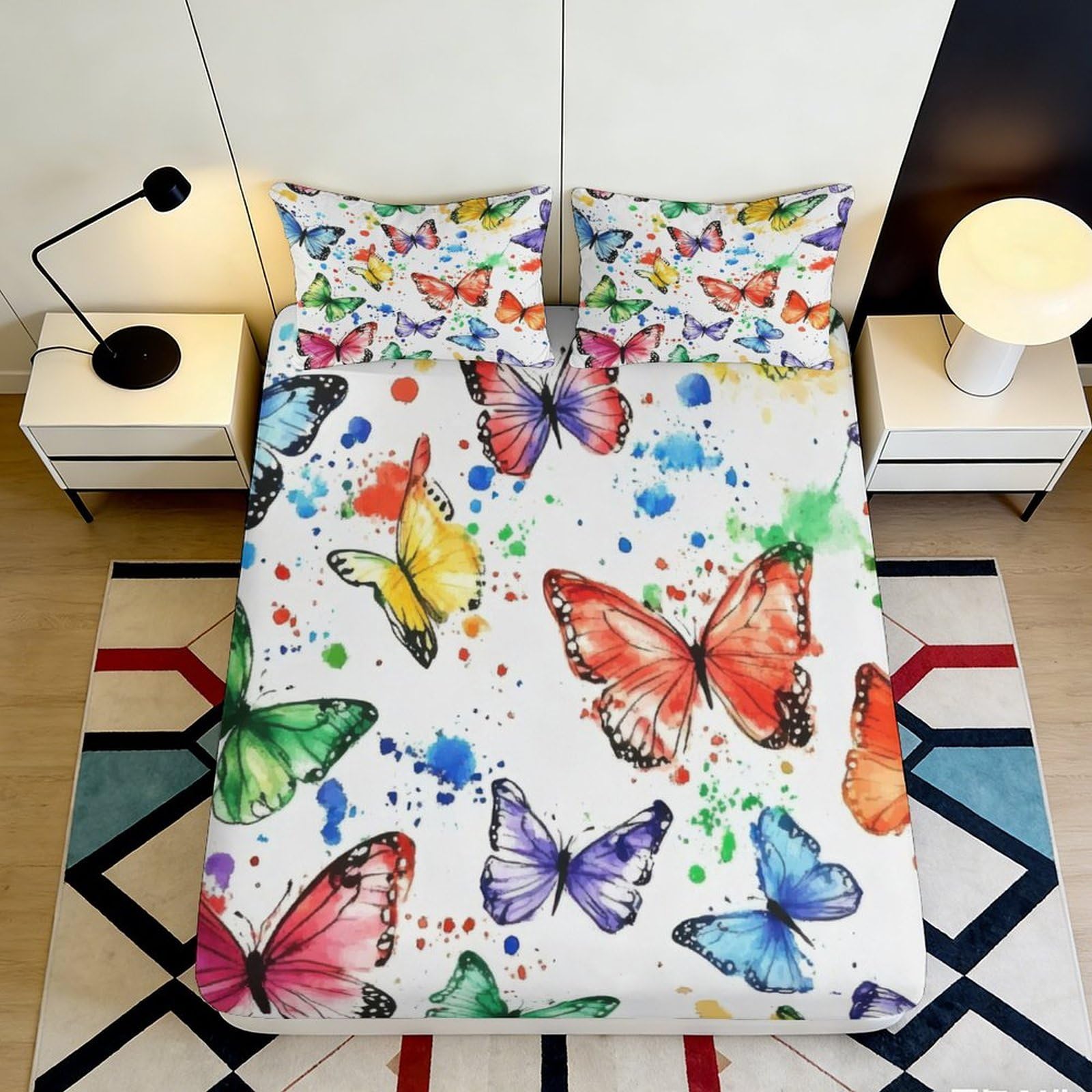 3D Printed Colorful Butterfly Fitted Sheet Microfiber Soft Breathable Watercolor Mattress Cover for Bedroom Dorm Decor 90x200x25cm