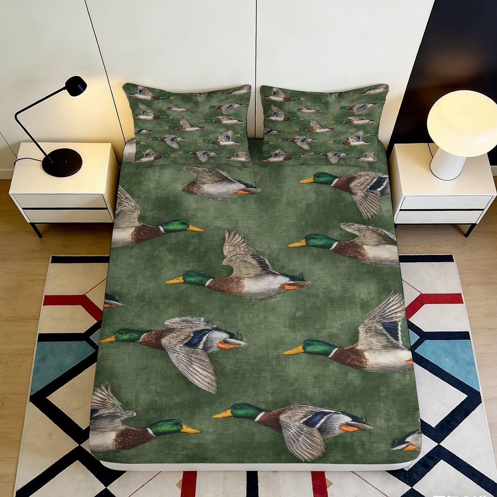 3D Printed Flying Mallard Duck Fitted Sheet Microfiber Mattress Cover Green Bird Pattern for Bedroom Dorm Decor 117 90x200x25cm