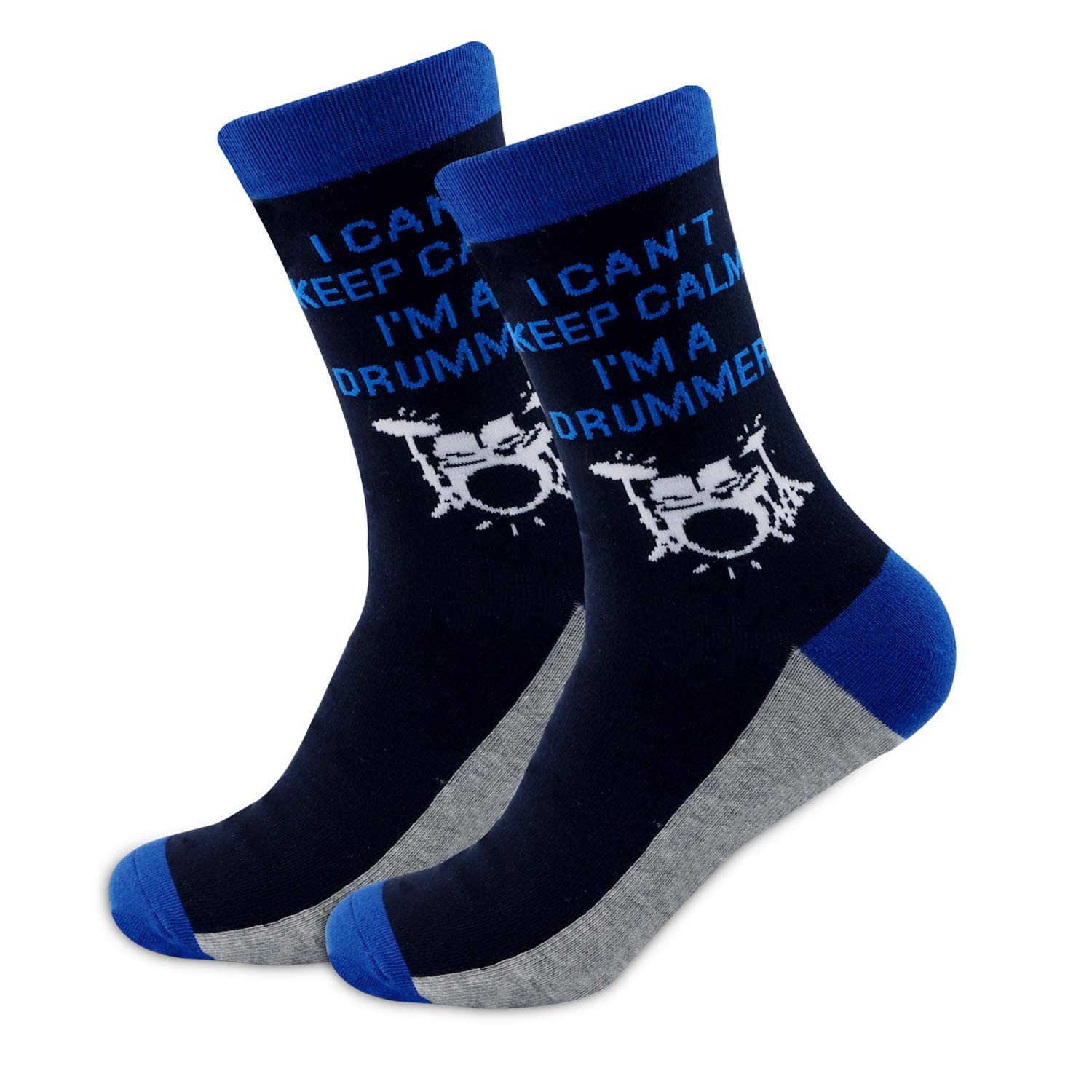 Mysomy Men's Blue 2 Pairs Drummer Socks Drum Socks Funny Drummer Gifts I Can’t Keep Calm I’m A Drummer (Blue)