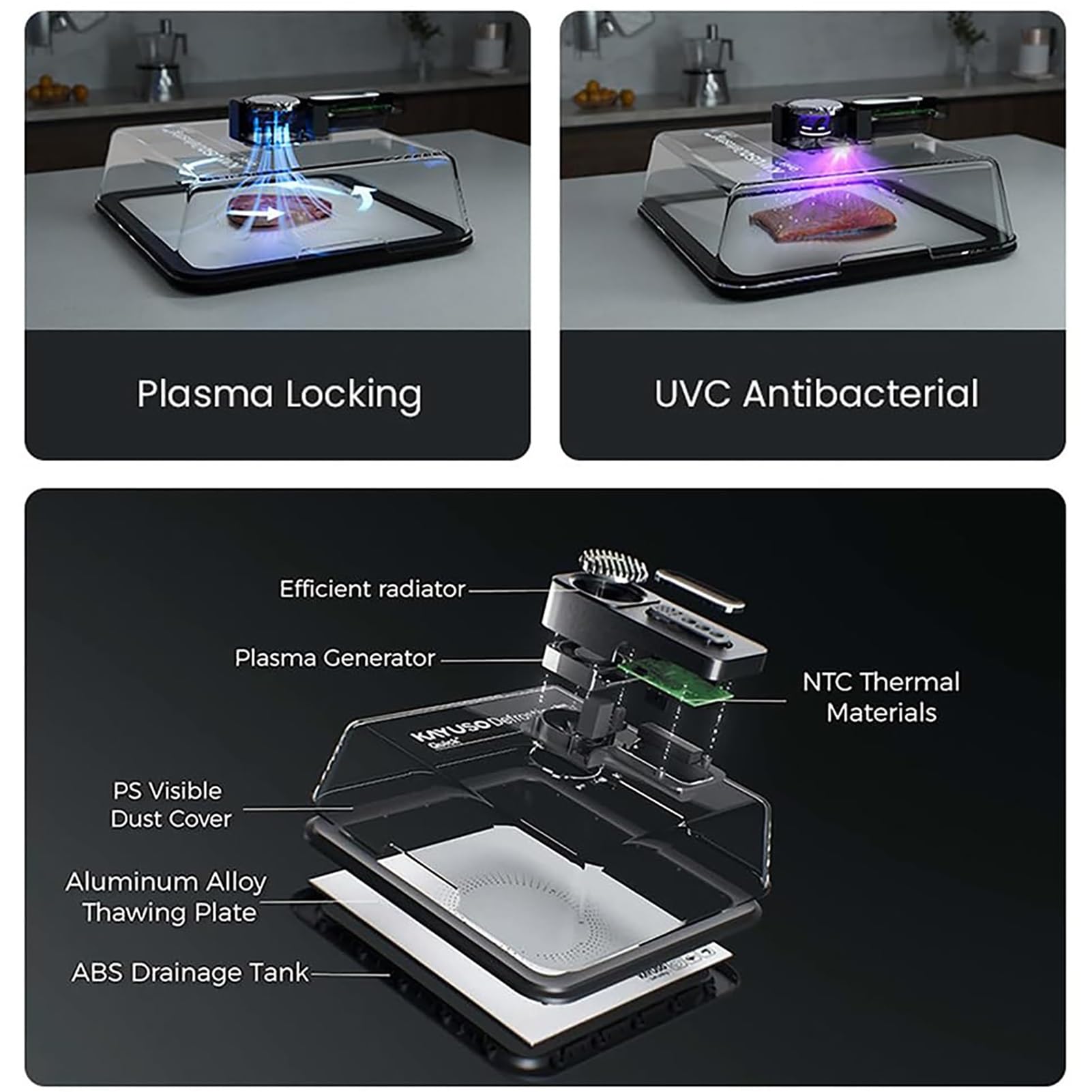 Vassoio automatico per scongelare carne congelata, scongelamento elettrico, scongelare rapidamente la carne con tecnologia del flusso d'aria e coperchio visivo, facile da usare in cucina