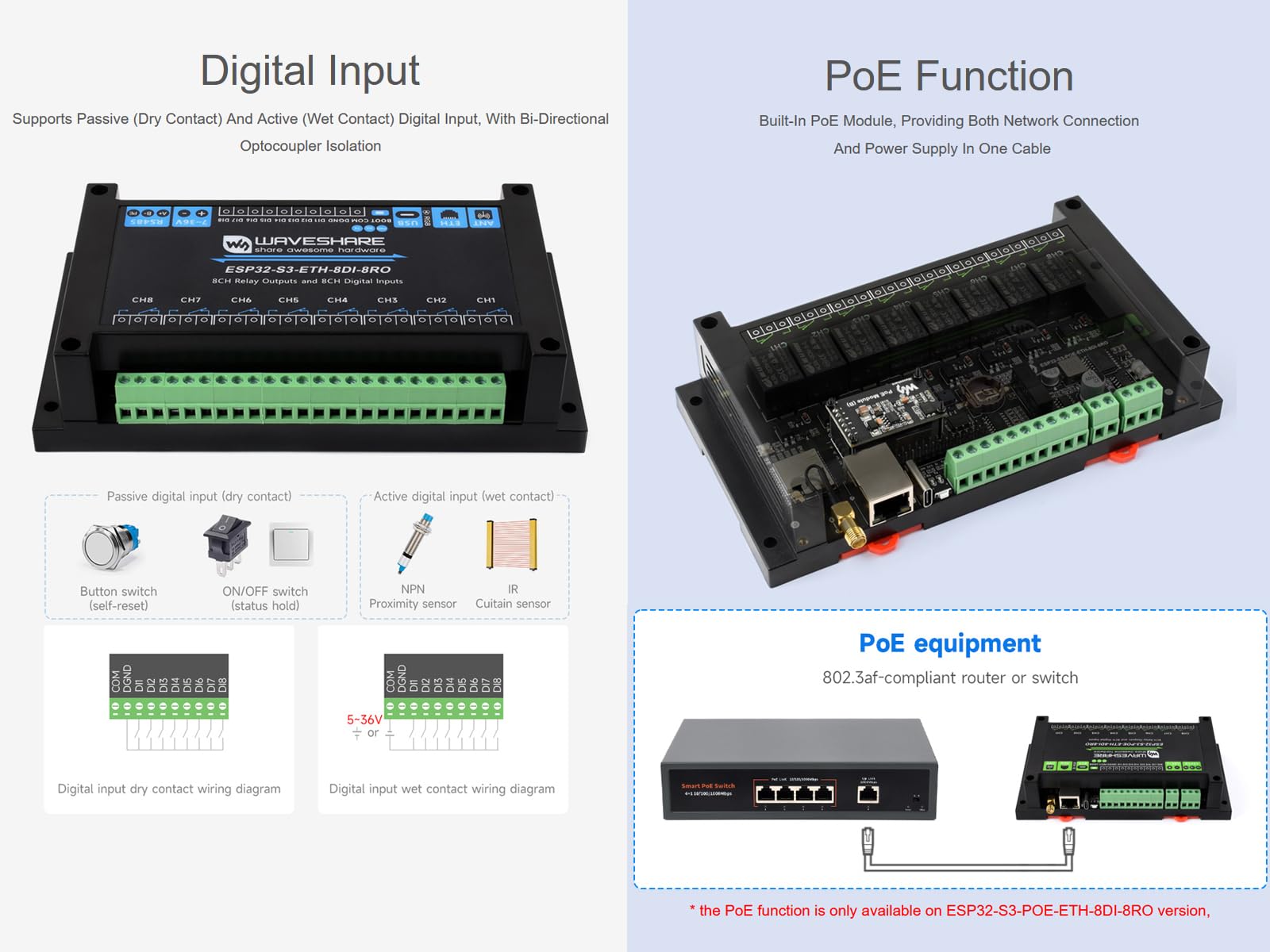 Modulo relè WiFi industriale 8-Ch ESP32-S3, RS485 integrato, ingresso digitale, relè, porta PoE Eth e circuiti di protezione multipli di isolamento, supporta RS485 e telecomando Bluetooth/WIFi