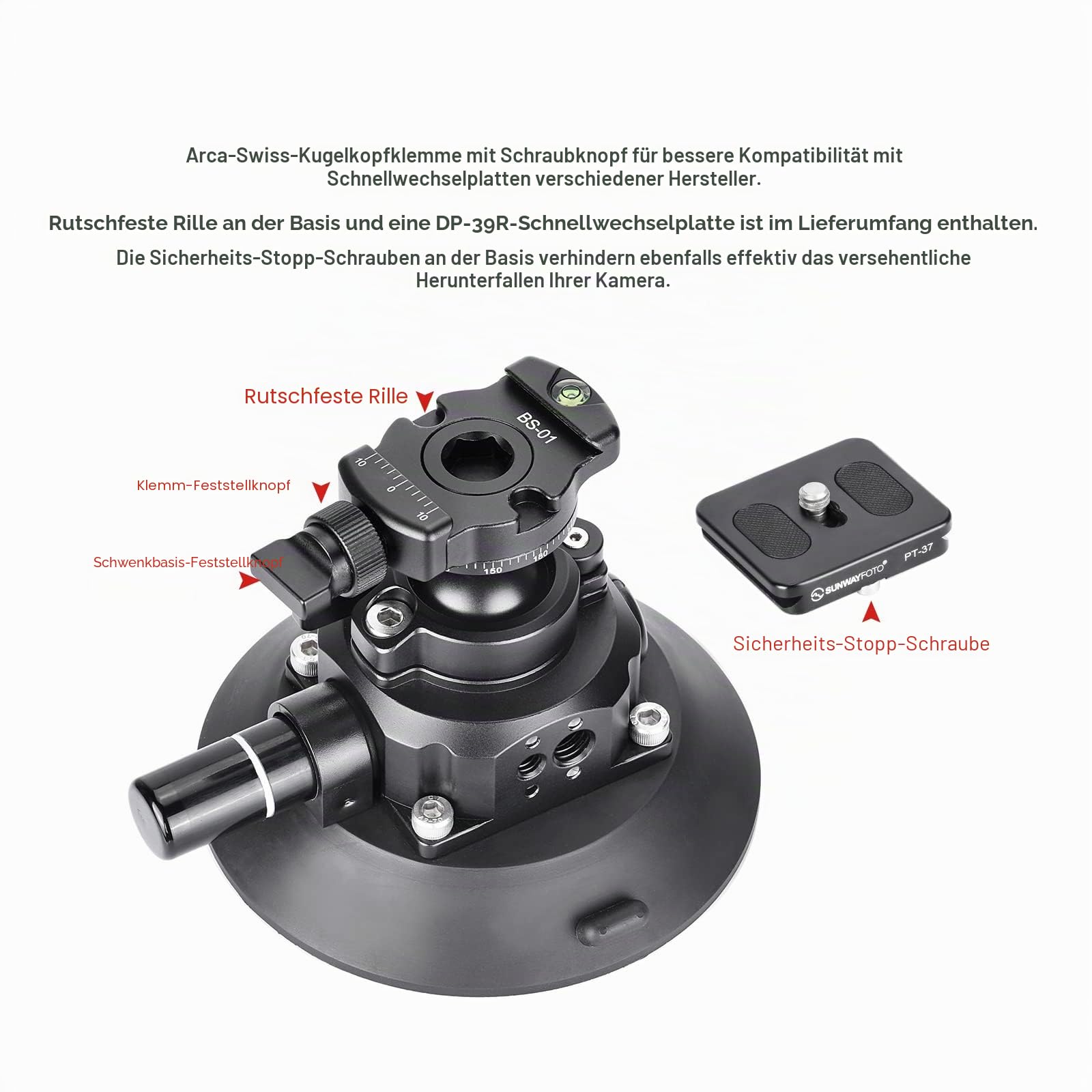SUNWAYFOTO BS-01 Saugnapfhalterung Kugelkopf für DSLR-Kamera, Handyhalterung, GoPro für Auto, Traglast 10 kg