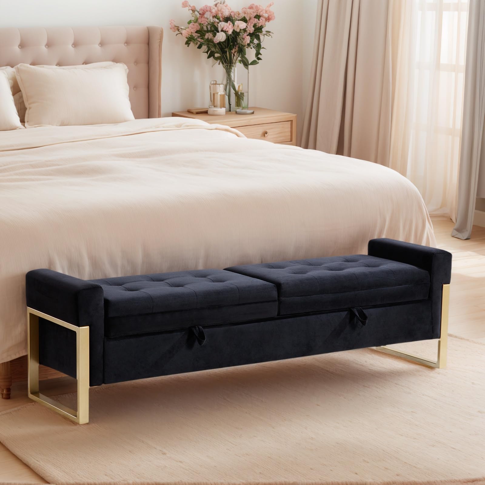 BaseBeauty 67" Storage Bench for Bedroom, King Size End of Bed Bench with Double Lids, Upholstered Storage Ottoman Bench with Golden Metal Legs,