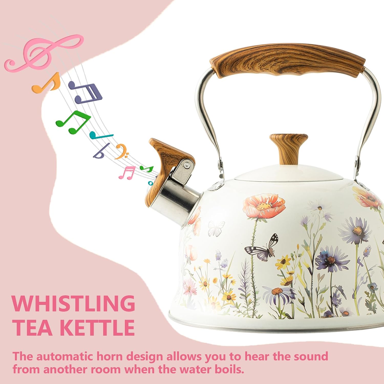 Tea Kettle, Pretty Floral Tea Pot with Cool Touch Ergonomic Handle, 3.1 Quart / 3 Liter Whistling Tea Kettle Pots for Stove Top Induction, Food Grade Stainless Steel Water Kettle (Flower)