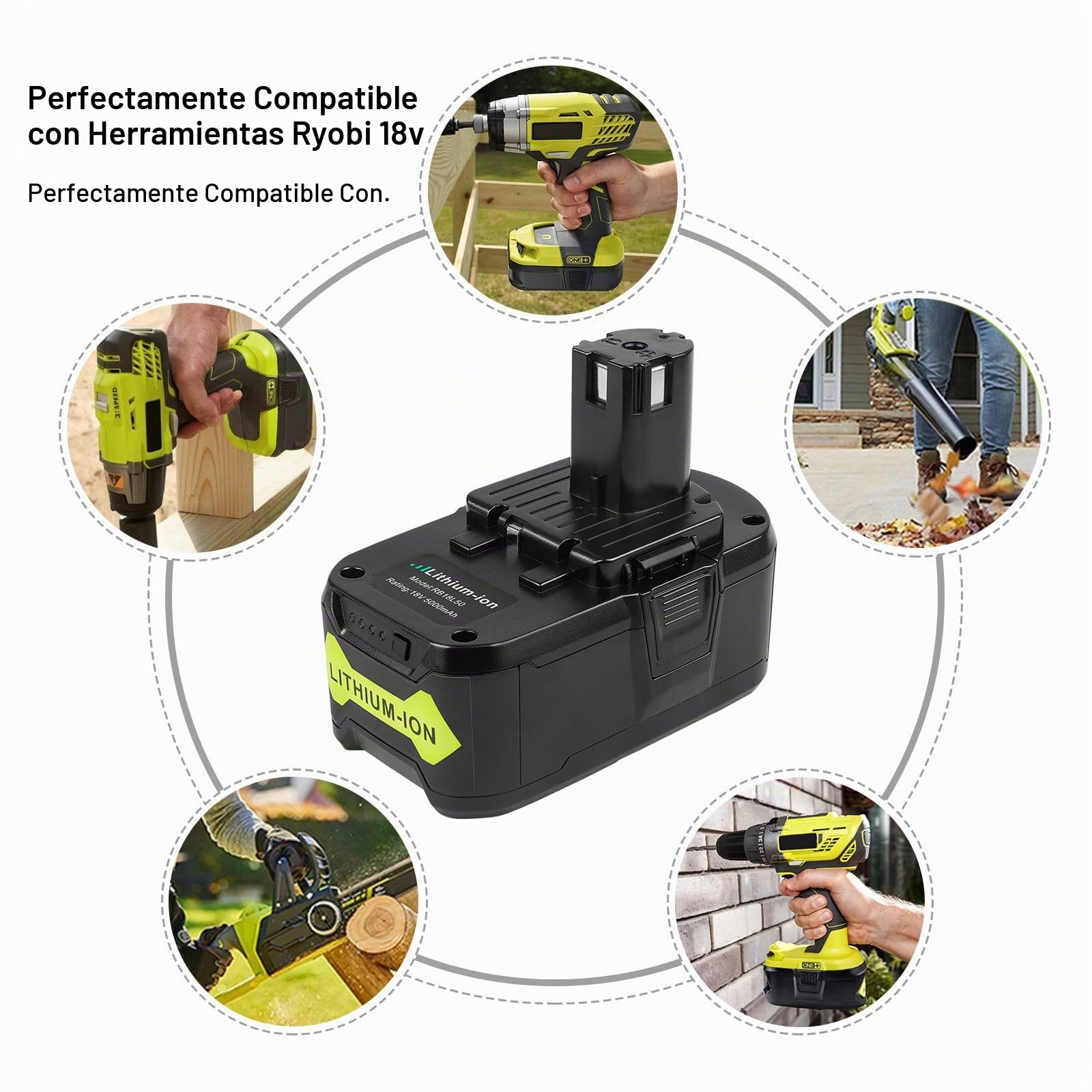 LabTEC RB18L50 - Batería de repuesto para Ryobi (18 V, 5 Ah, 2 paquetes con cargador de doble puerto USB para P117, 12 V, 18 V, One Plus, P107, P108, RB18L15, RB18L40)