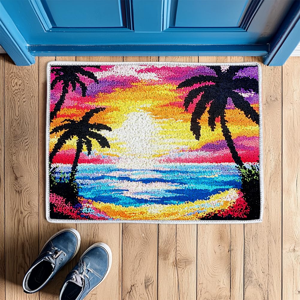 ORIGACH Sunset by The Beach Latch - Kit de alfombra con gancho para adultos, kit de fabricación de alfombras impresas a mano, cubierta de tapiz con pestillo de gancho y lienzo preimpreso, decoración