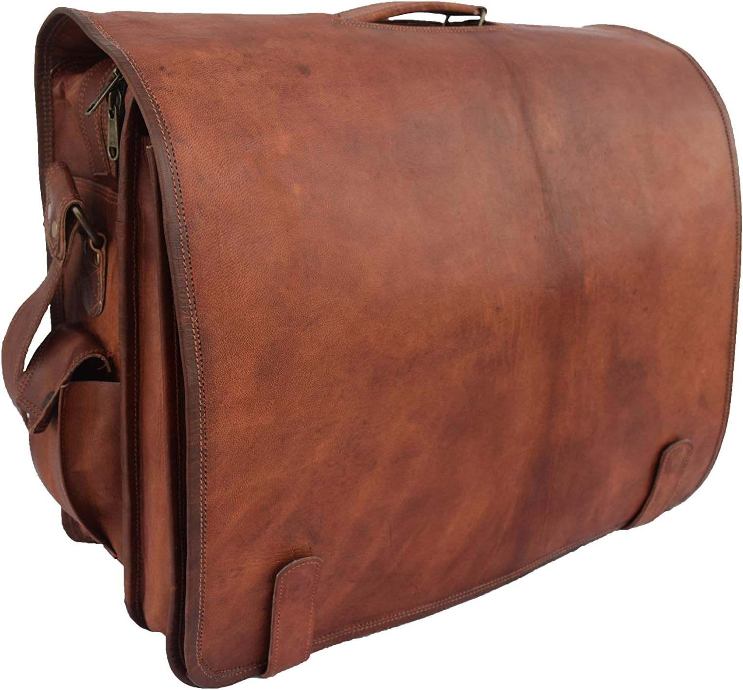 Large 18" Vintage Leather Office Briefcase, Laptop Satchel, Business Messenger Shoulder Bag