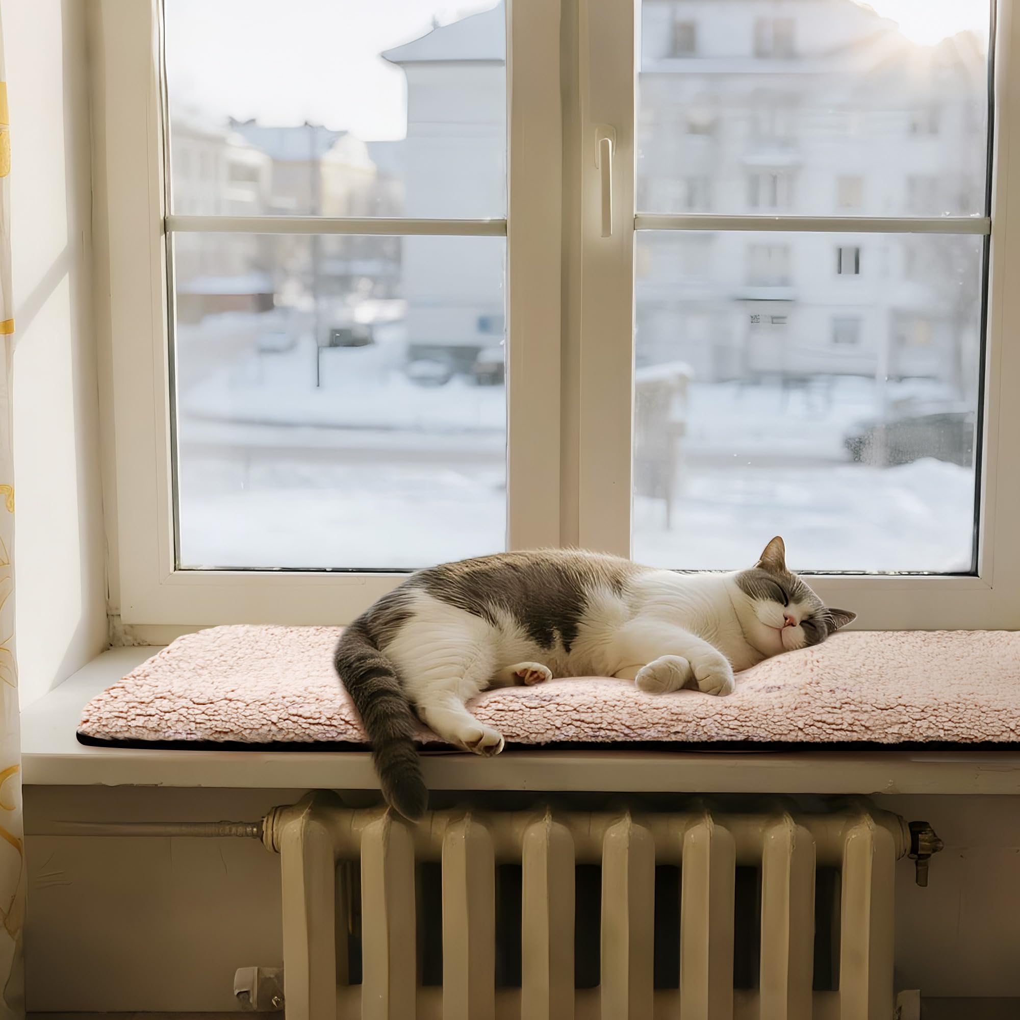 Pet Prime Katzen Fensterliege – Katzenbett Flauschig Fensterbank Liegeplatz mit Rutschfester Unterseite, Leises Kissen, 2 Abnehmbare Bezüge (Netz & Plüsch), 90x29 cm für Gemütliches Sonnen & Schlafen