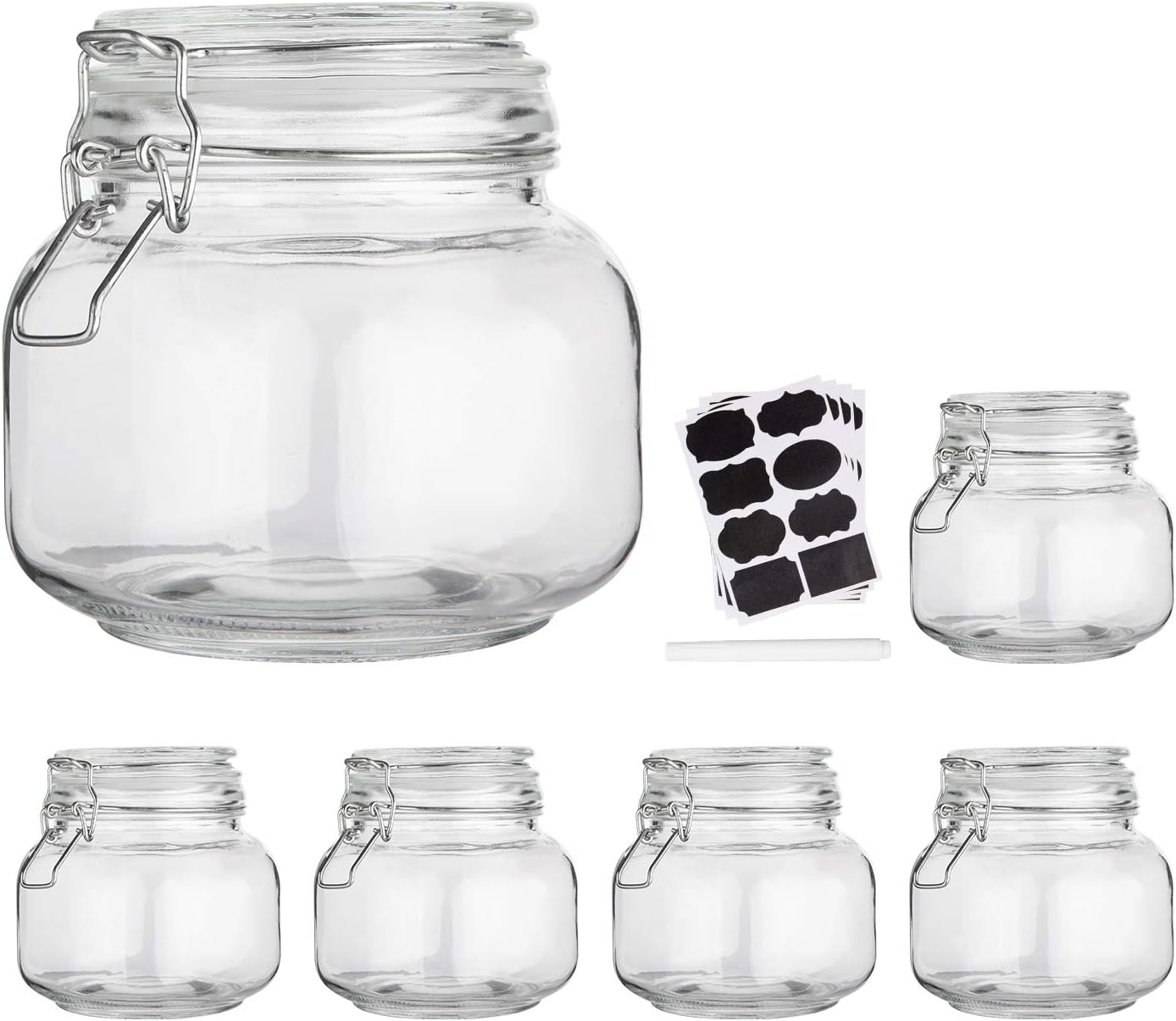 Glass Kitchen Storage Canister Mason Jars with Lids,25oz Airtight Glass Canister with Hinged Lid，Perfect for Kitchen Canning Cereal,Pasta,Sugar,Beans (Labels & Chalk Marker)-Set of 6
