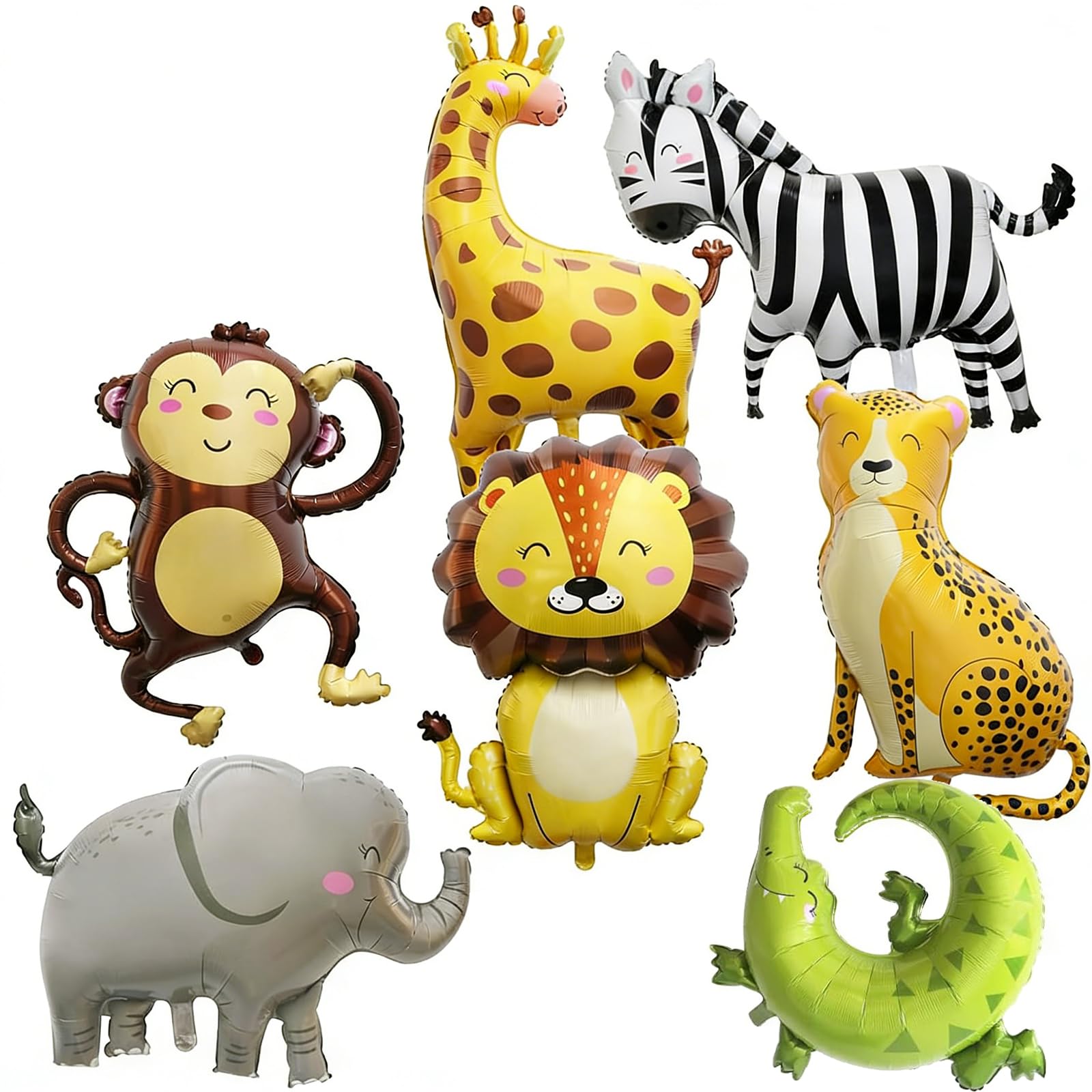 7 Pcs Jungle Safari Animals Balloons, Giant Animal Shaped Foil Helium Balloons with Ribbon and Straw, Forest Theme Party Decorations for Birthday, Shower, Lion, Elephant, Zebra and more