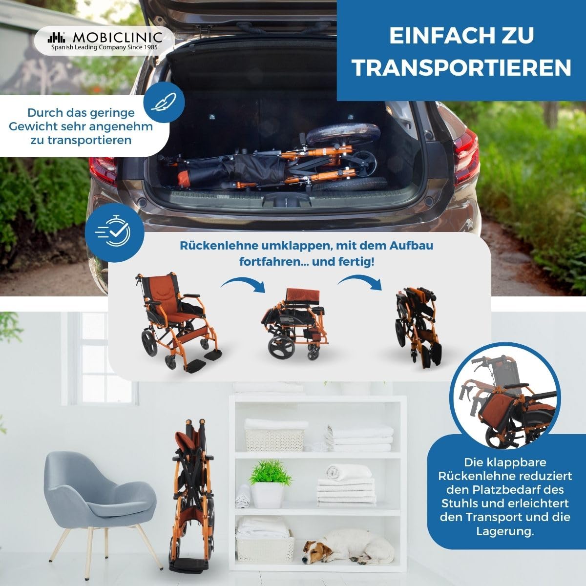 Mobiclinic®, Rollstuhl, Klappbar, Leichtgewicht, Sitz 46 cm, Zwei bremssysteme, Klappbare rückenlehne, Aluminium, Fußstützen, Modell pirámide, Kleine räder, Feste armlehnen