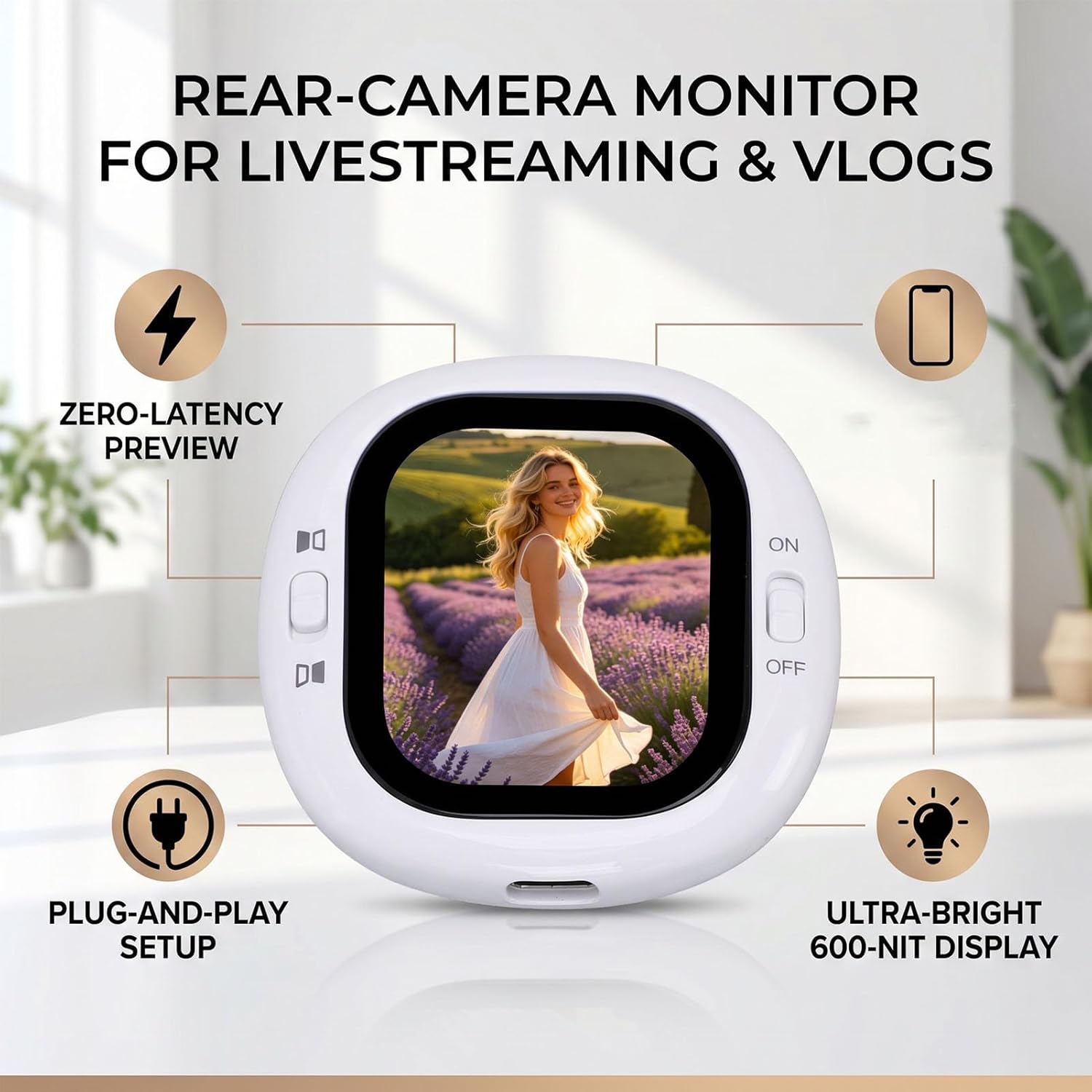 Wireless Vlog Selfie Monitor Screen, 2.1 Inch Selfie Monitor Screen with Zero Latency Preview, 410x502 Resolution WiFi Magnetic Back Camera for Live Streaming