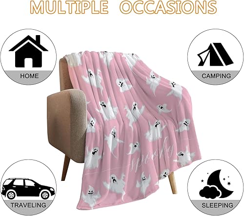 Miniatura 4 de YeeJu Manta de Halloween con bonito diseño de fantasma, para sofá, cama, sala de estar, exterior, acogedora, suave, ligera, mullida, de forro polar,