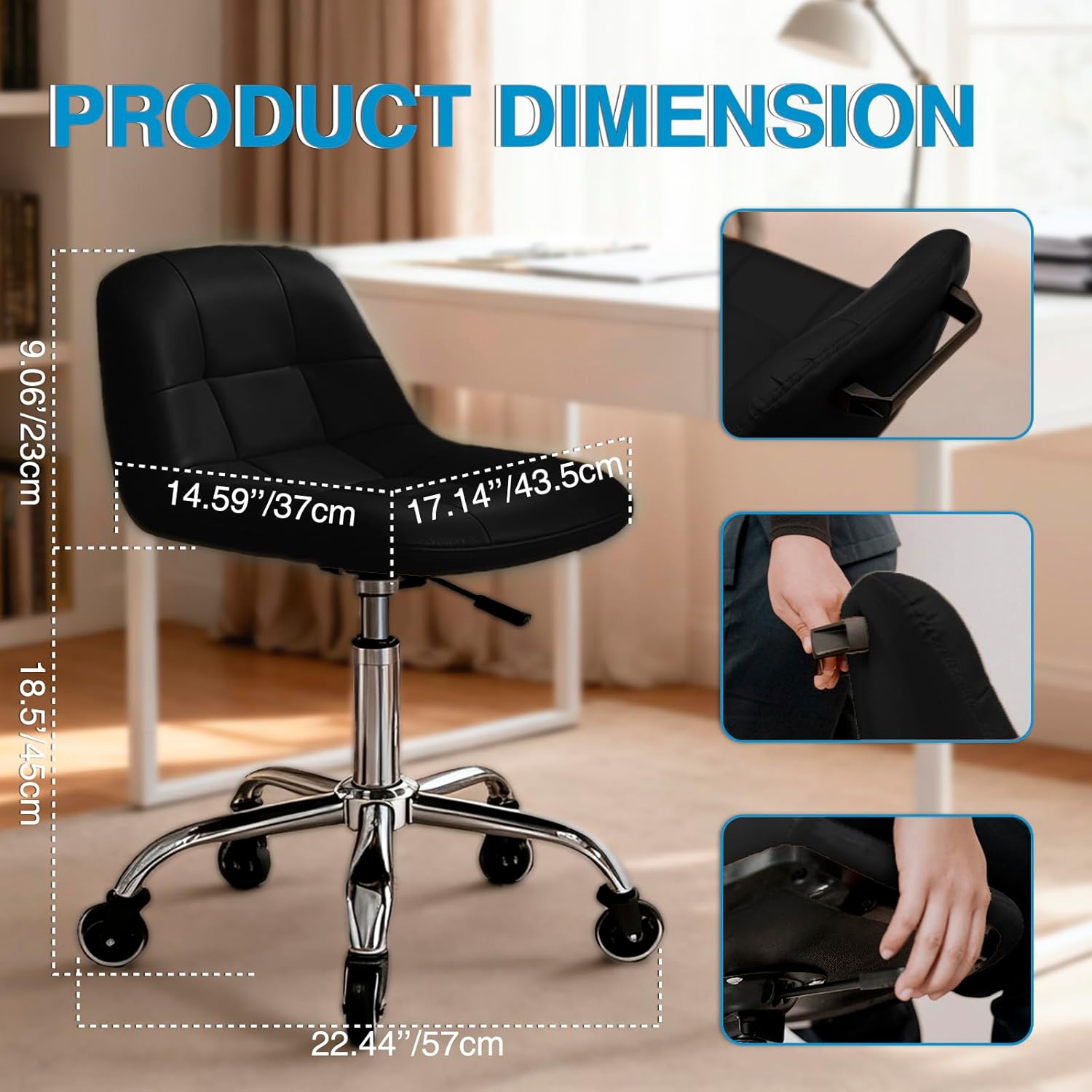 Rolling Stool Chair with Wheels, Height Adjustable Stool with Back Support, Office Drafting Chair with PU Leather Cushion for Home Office Kitchen Vanity Salon Garage Tattoo Dentist Esthetician(Black)