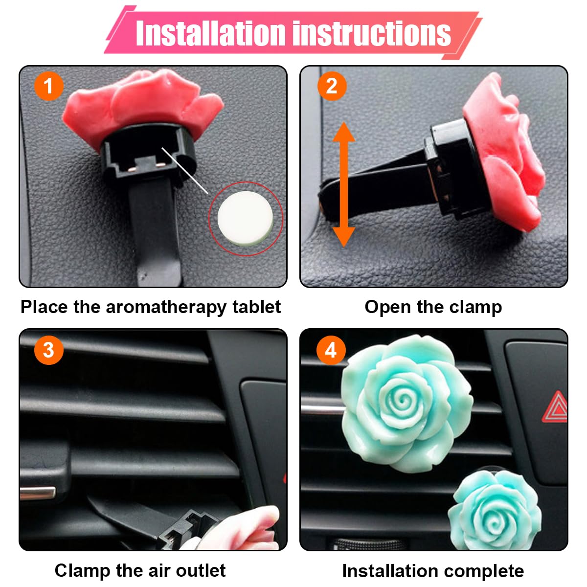 2PCS Rose Flower Car Air Freshener Vent Clip Cute Car Vent Clips Dashboard Air Vent Trim Clips Automotive — view 3