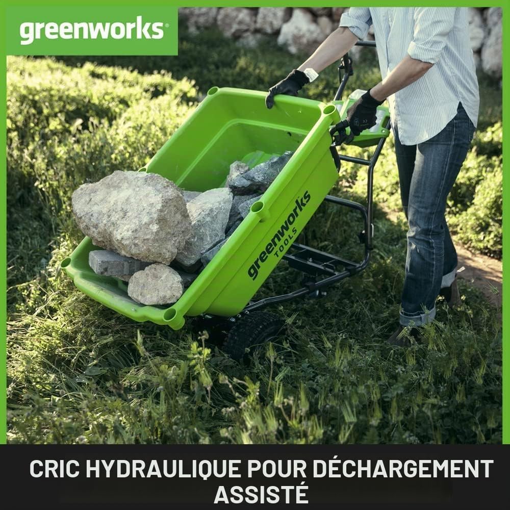 Greenworks G40GC Chariot/brouette électrique autotractée 106L/100kg, basculement Facile, sans Batterie/Chargeur + Kit 40V 4Ah + Chargeur 2A GSK40B4 + Batterie 40V 5Ah G40B5
