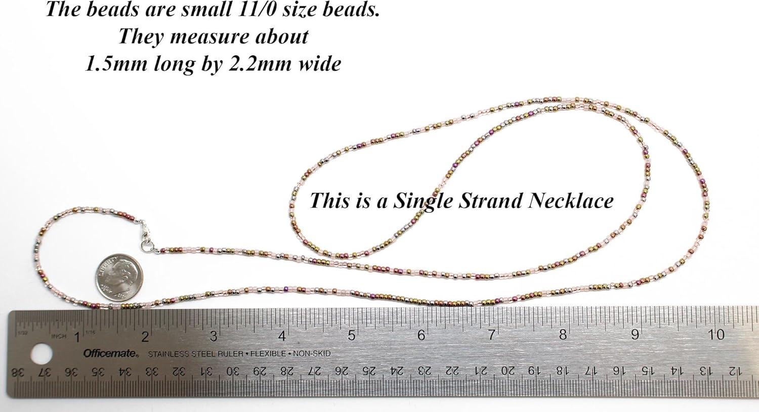 Handmade Pink Gold Seed Bead Necklace, Thin 1.5mm Single Strand