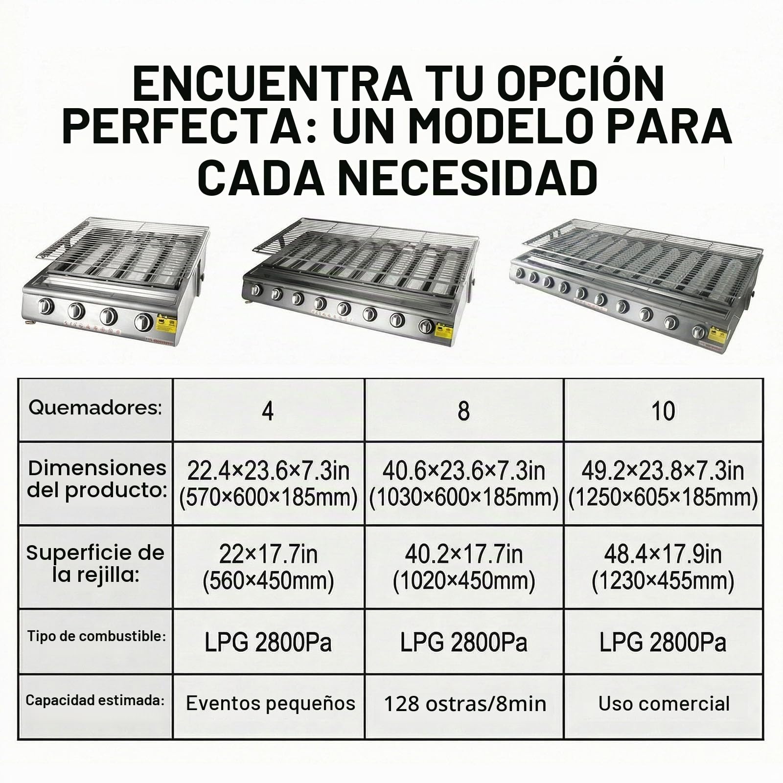 Barbacoa de Gas de Sobremesa Acero Inoxidable 304, 4/8/10 Quemadores con Tapa, Altura de Rejilla Regulable, Parrilla Profesional para Balcón y Camping, Butano 2800Pa(4 Burner)