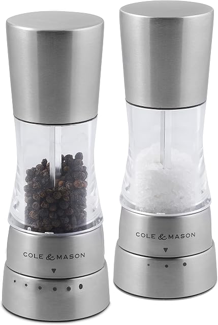 Cole & Mason H332025 Derwent Mini młynek do soli i pieprzu ze stali nierdzewnej, zestaw 2 ręcznych, stal nierdzewna/akryl, 160 mm, Precision+, zestaw upominkowy