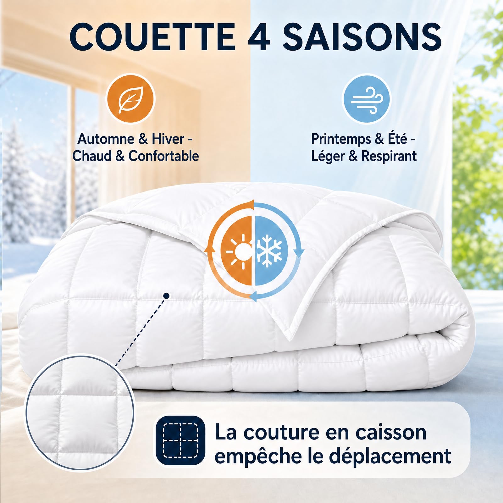 Couette 155x220 4 Saisons | pour lit 2 Personnes | Couette Plumes & Duvet d'oie | 100% Coton | Édredon Ultra Douce et Gonflant | Certifiée Oeko-Tex | Lavable en Machine,Blanc